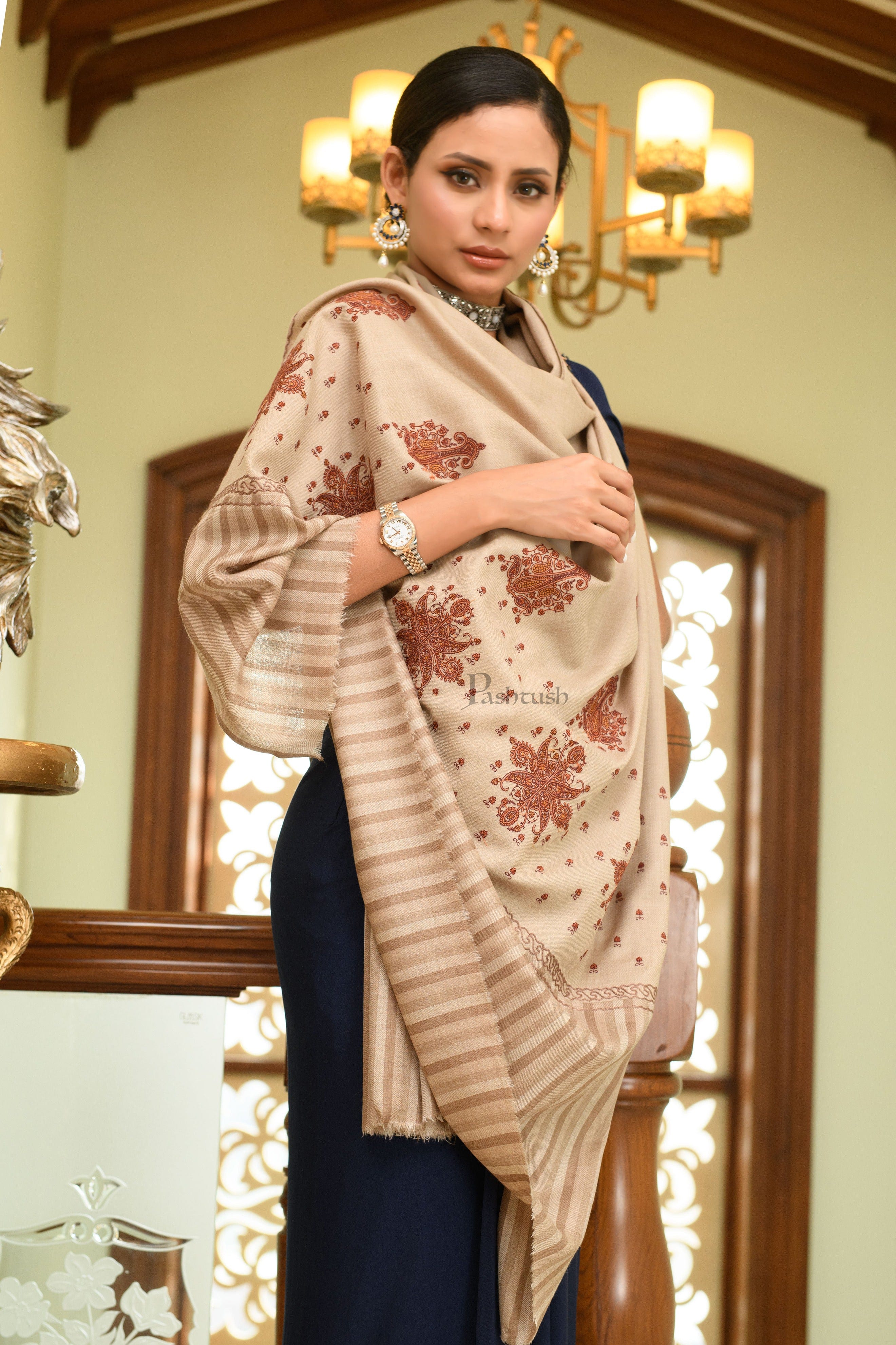Pashtush Womens Fine Wool Shawl, Stitched Stripe Palla, Kashmiri Embroidery, Beige - Image 3