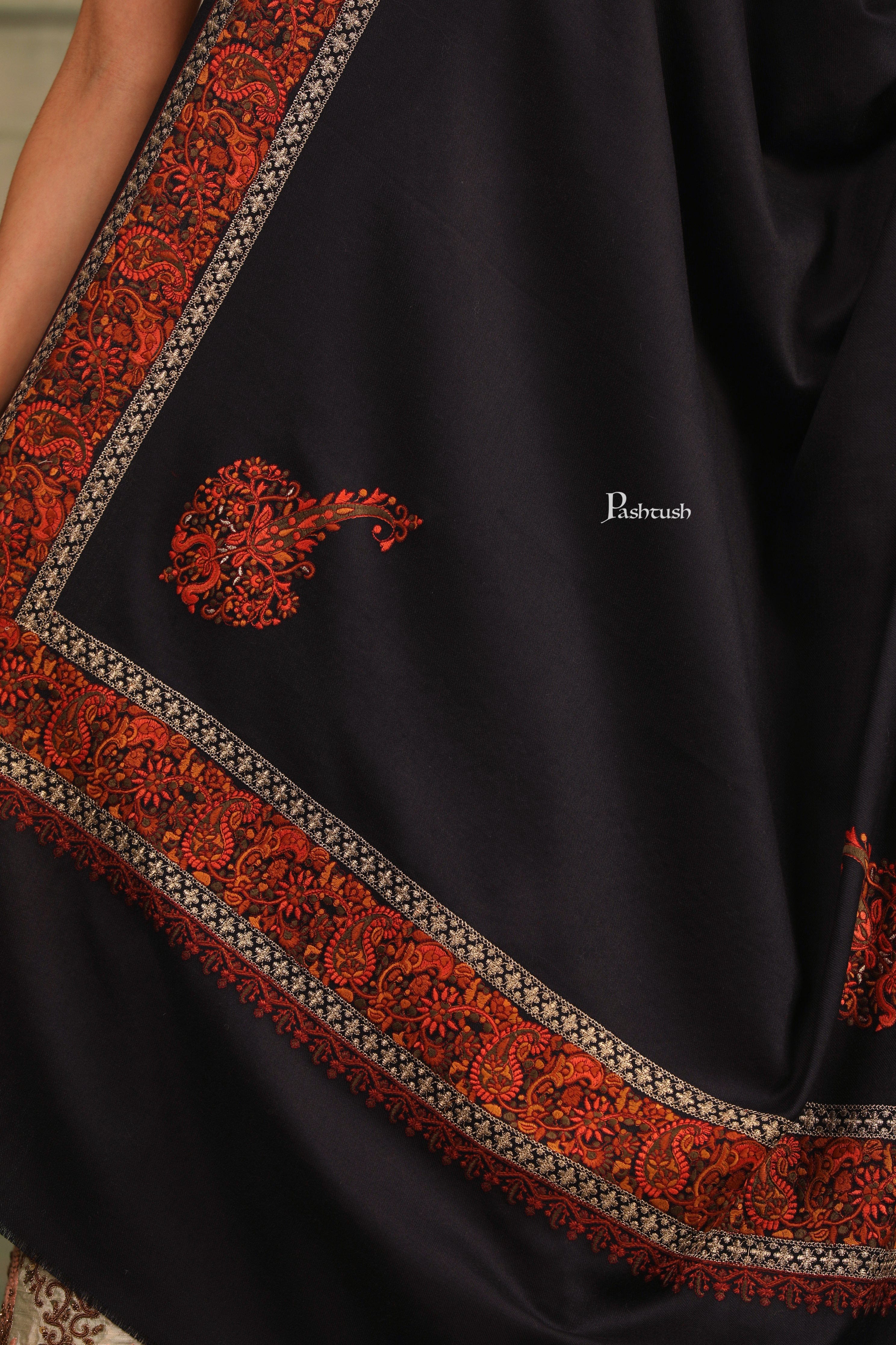 Pashtush Womens Fine Wool Shawl, Tilla Border Shawl, Challa Daur With Metallic Detailing Design, Black - Image 2