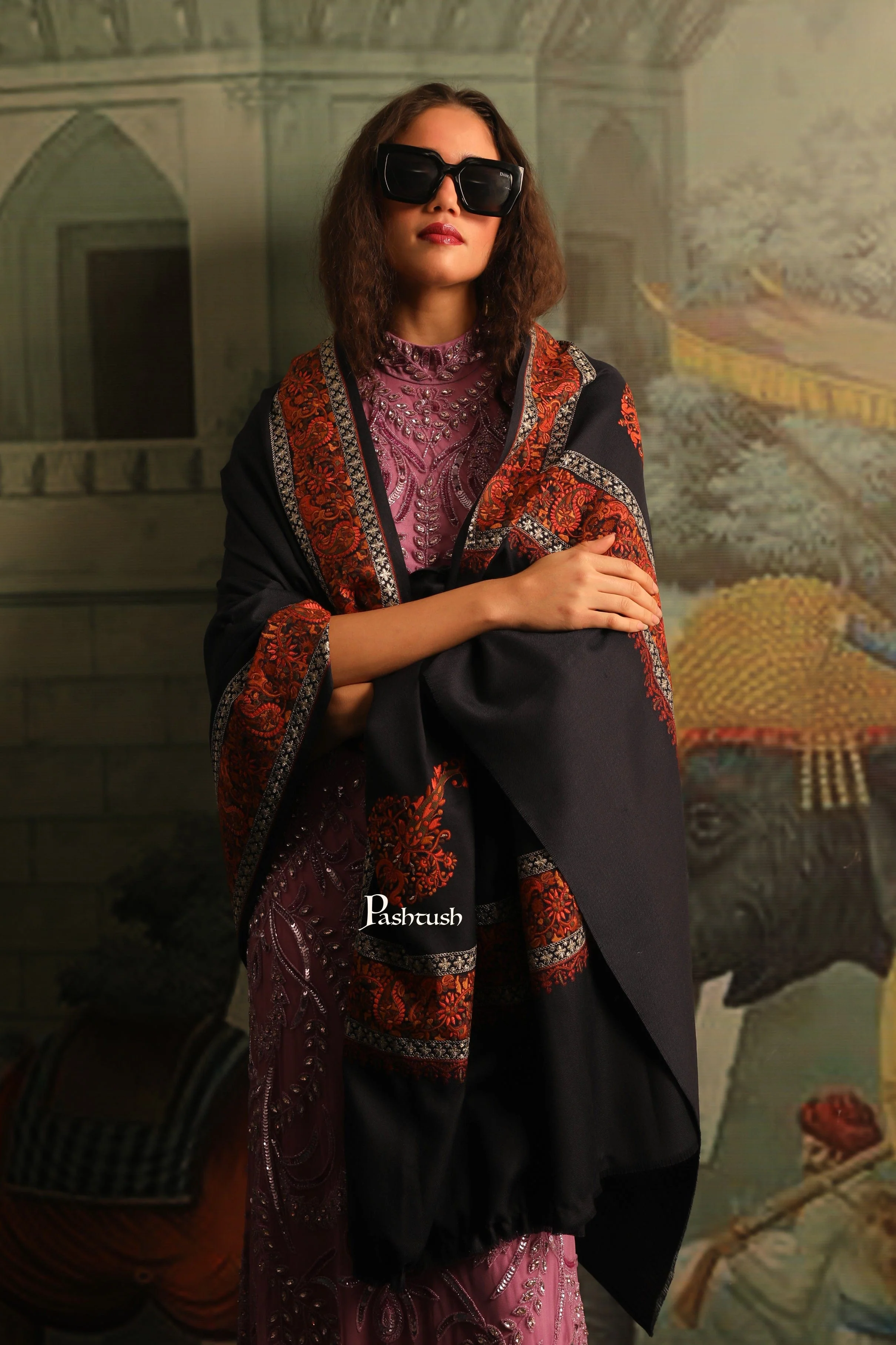 Pashtush Womens Fine Wool Shawl, Tilla Border Shawl, Challa Daur With Metallic Detailing Design, Black - Image 4