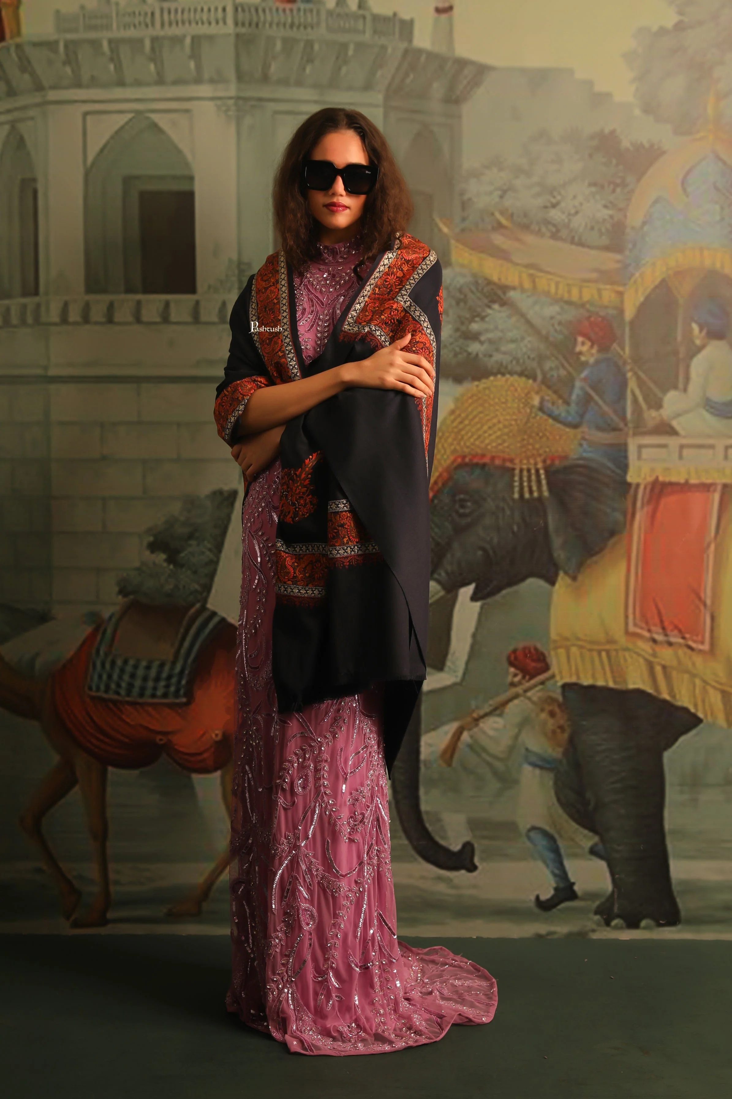Pashtush Womens Fine Wool Shawl, Tilla Border Shawl, Challa Daur With Metallic Detailing Design, Black - Image 7