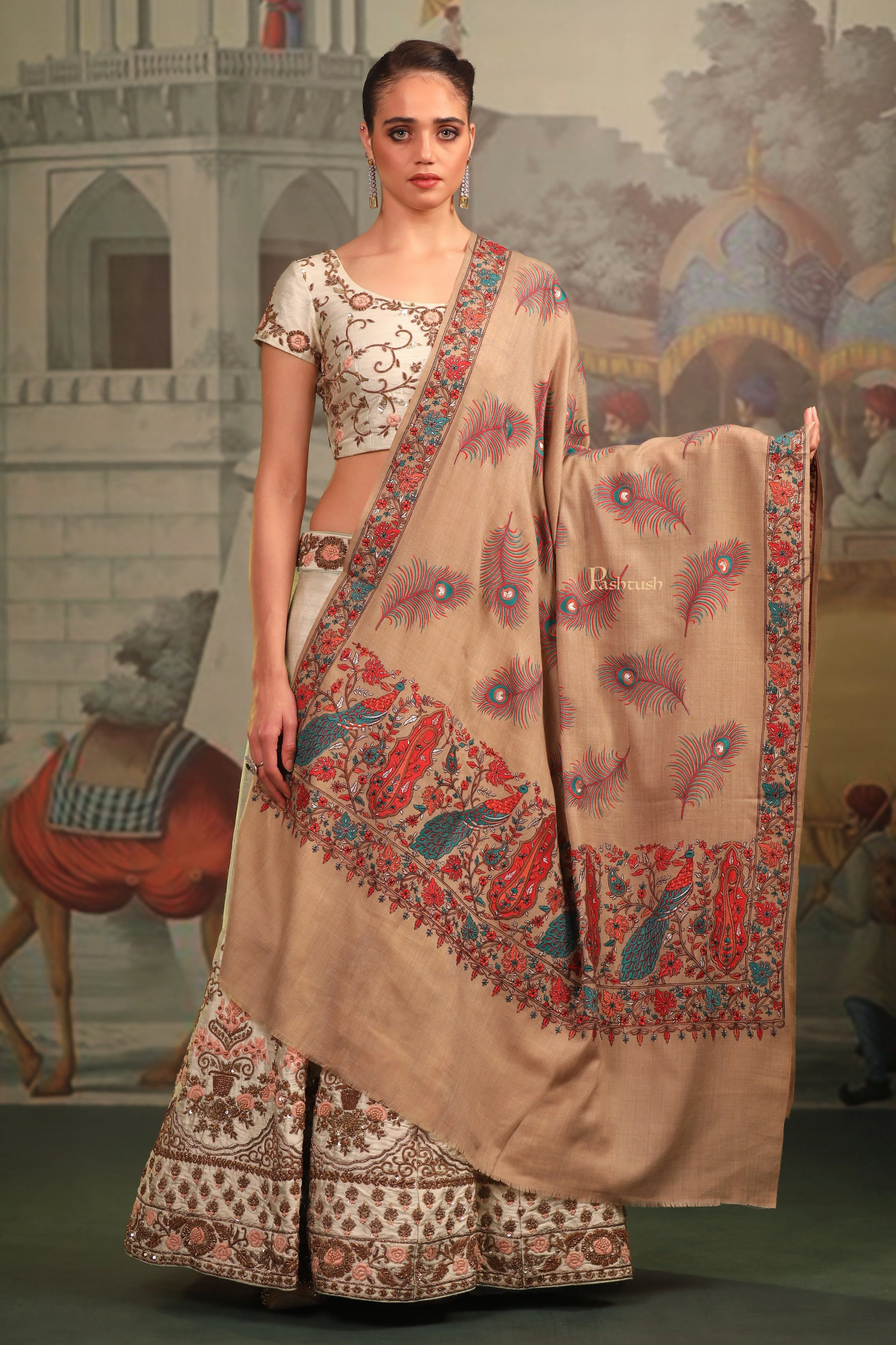 Pashtush Womens Fine Wool Shawl, Tilla Work Peacock Design, Beige