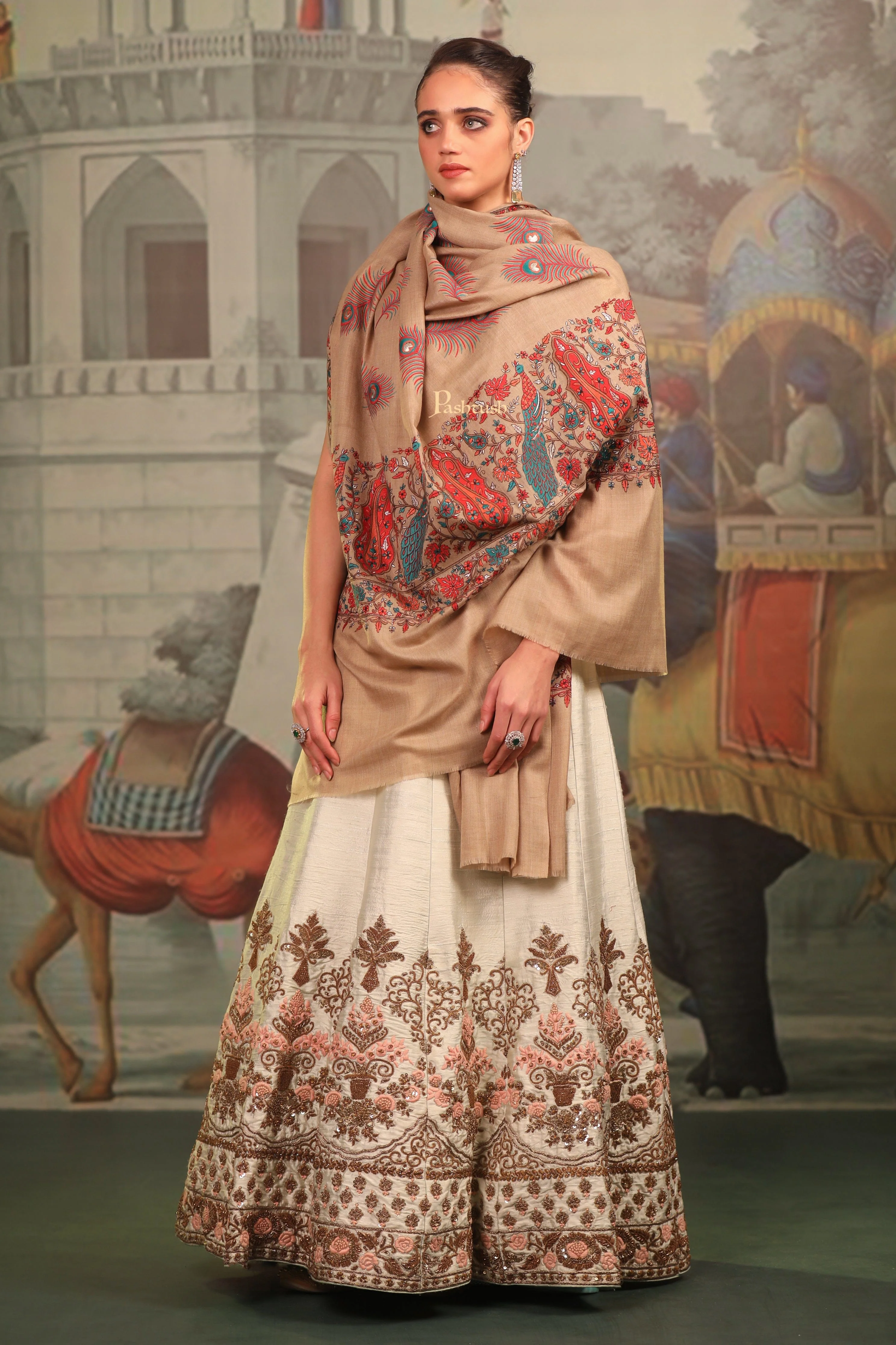 Pashtush Womens Fine Wool Shawl, Tilla Work Peacock Design, Beige - Image 4