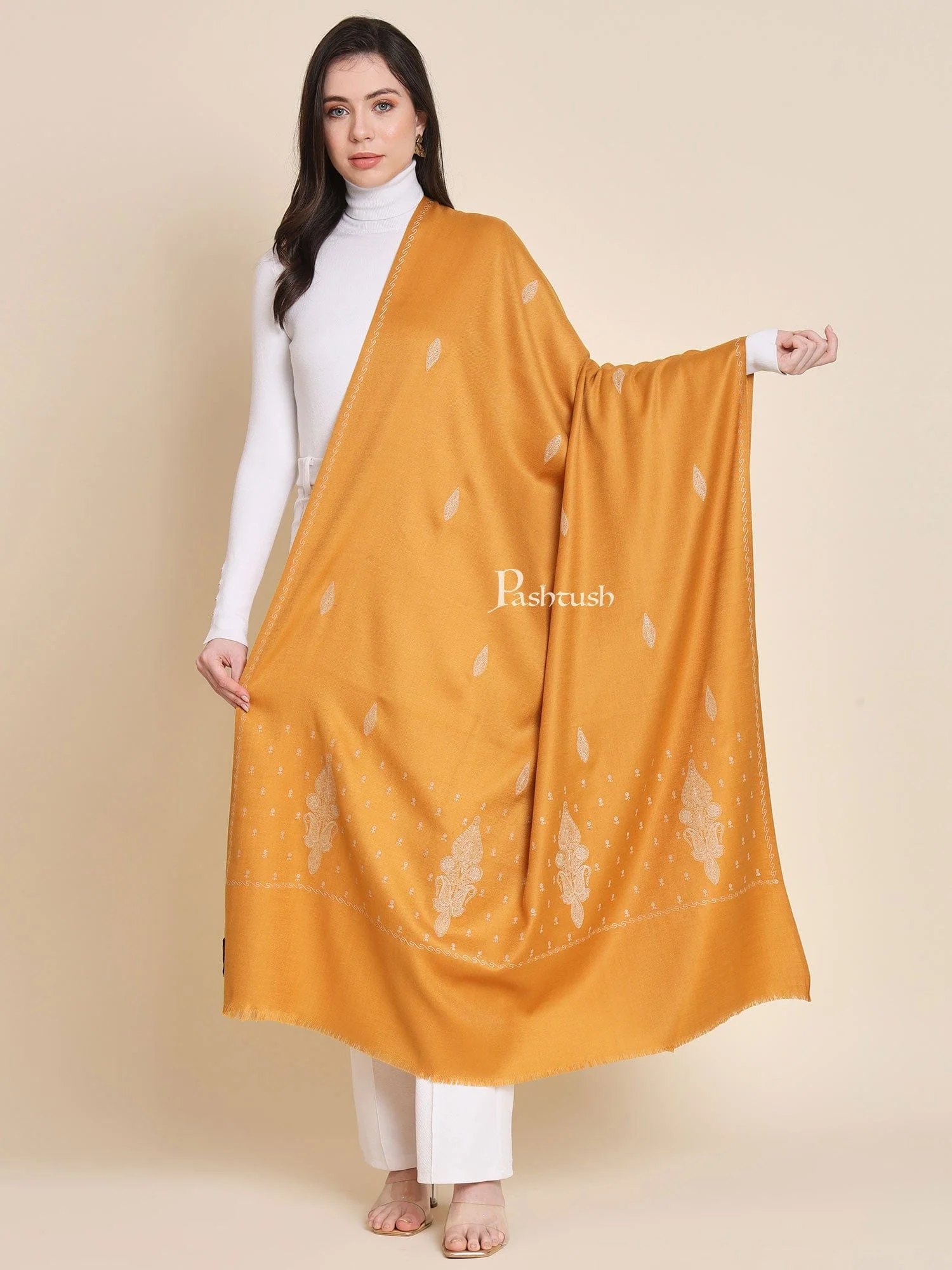 Pashtush womens Fine Wool shawl, tone and tone embroidery paisley palla design, Mustard