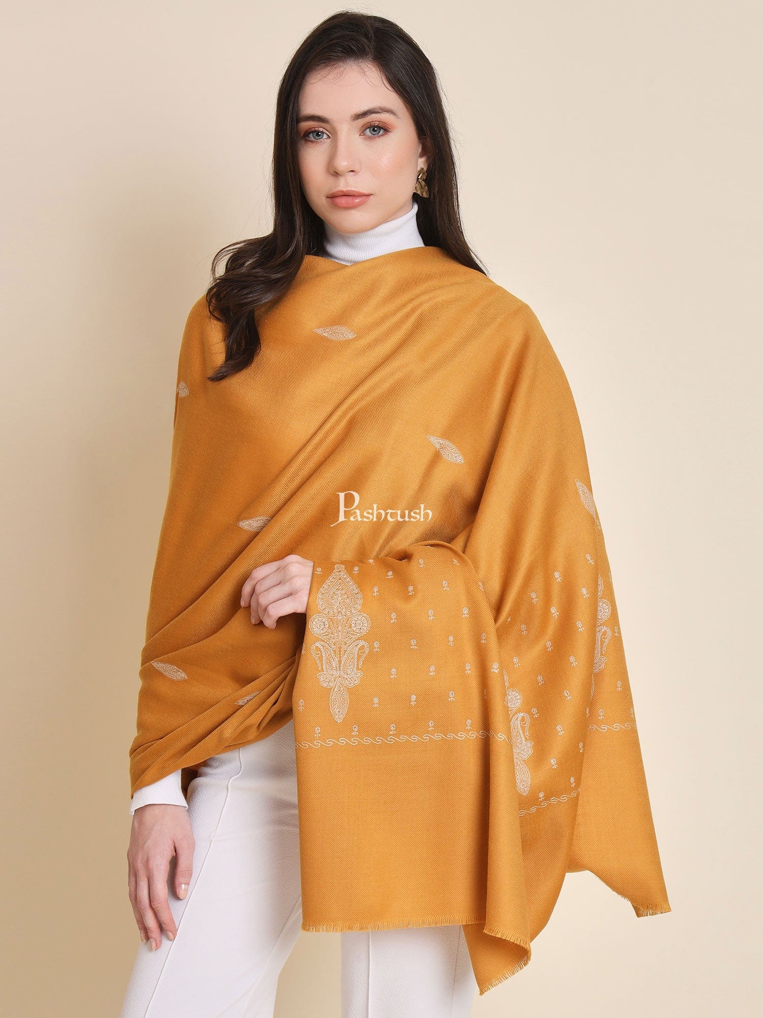 Pashtush womens Fine Wool shawl, tone and tone embroidery paisley palla design, Mustard - Image 5