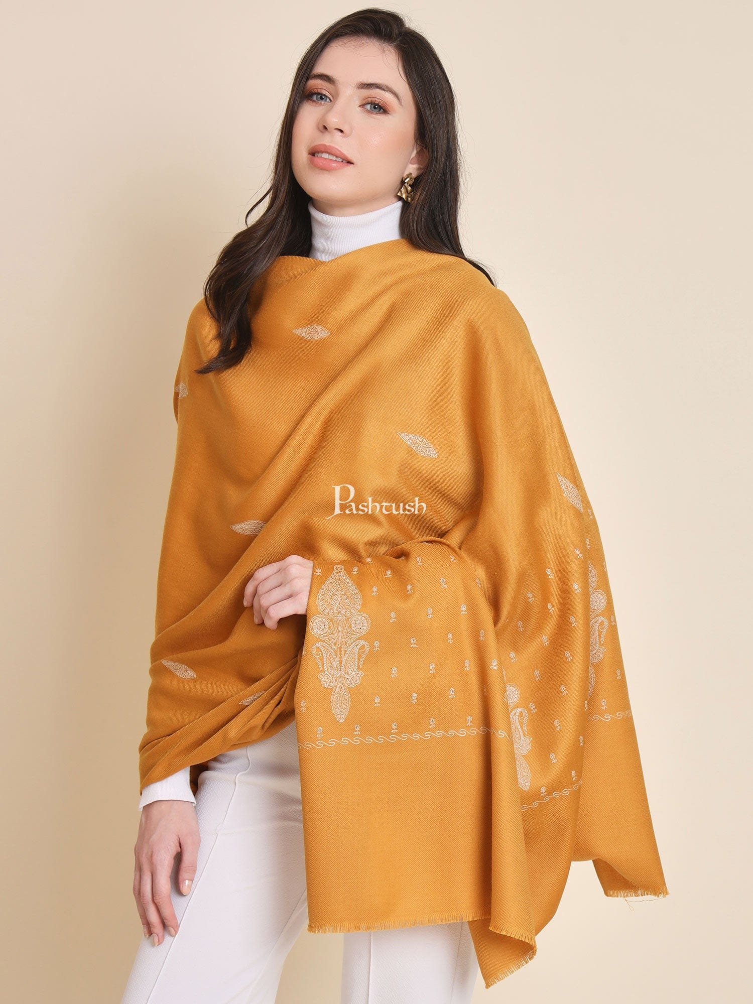 Pashtush womens Fine Wool shawl, tone and tone embroidery paisley palla design, Mustard - Image 6