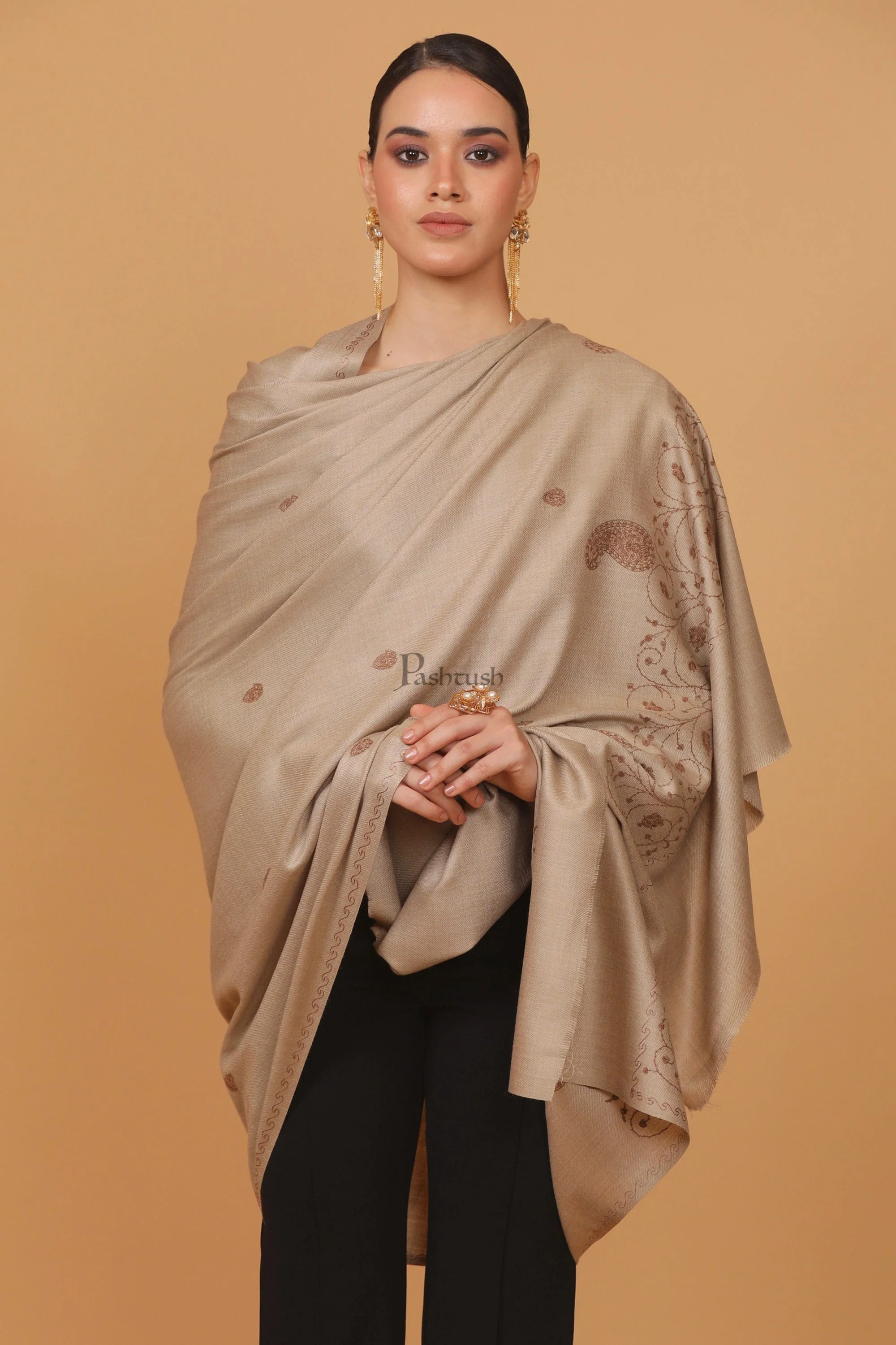 Pashtush womens Fine Wool shawl, tone and tone embroidery palla design, Beige - Image 6