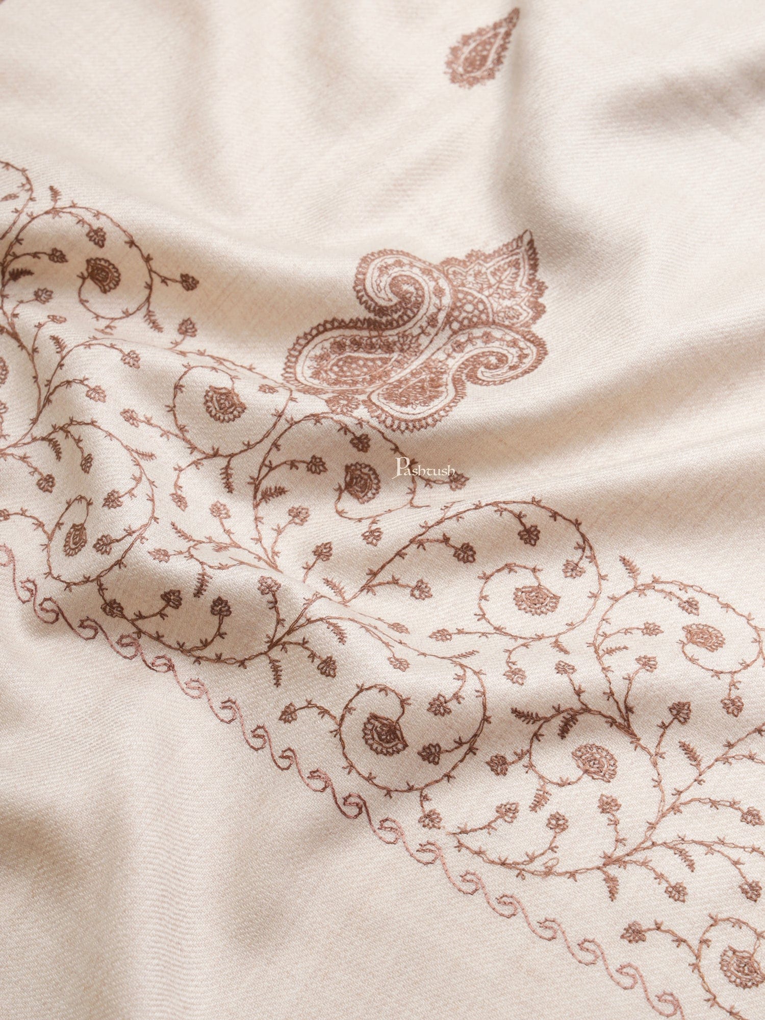 Pashtush womens Fine Wool shawl, tone and tone palla embroidery paisley design, Beige - Image 2