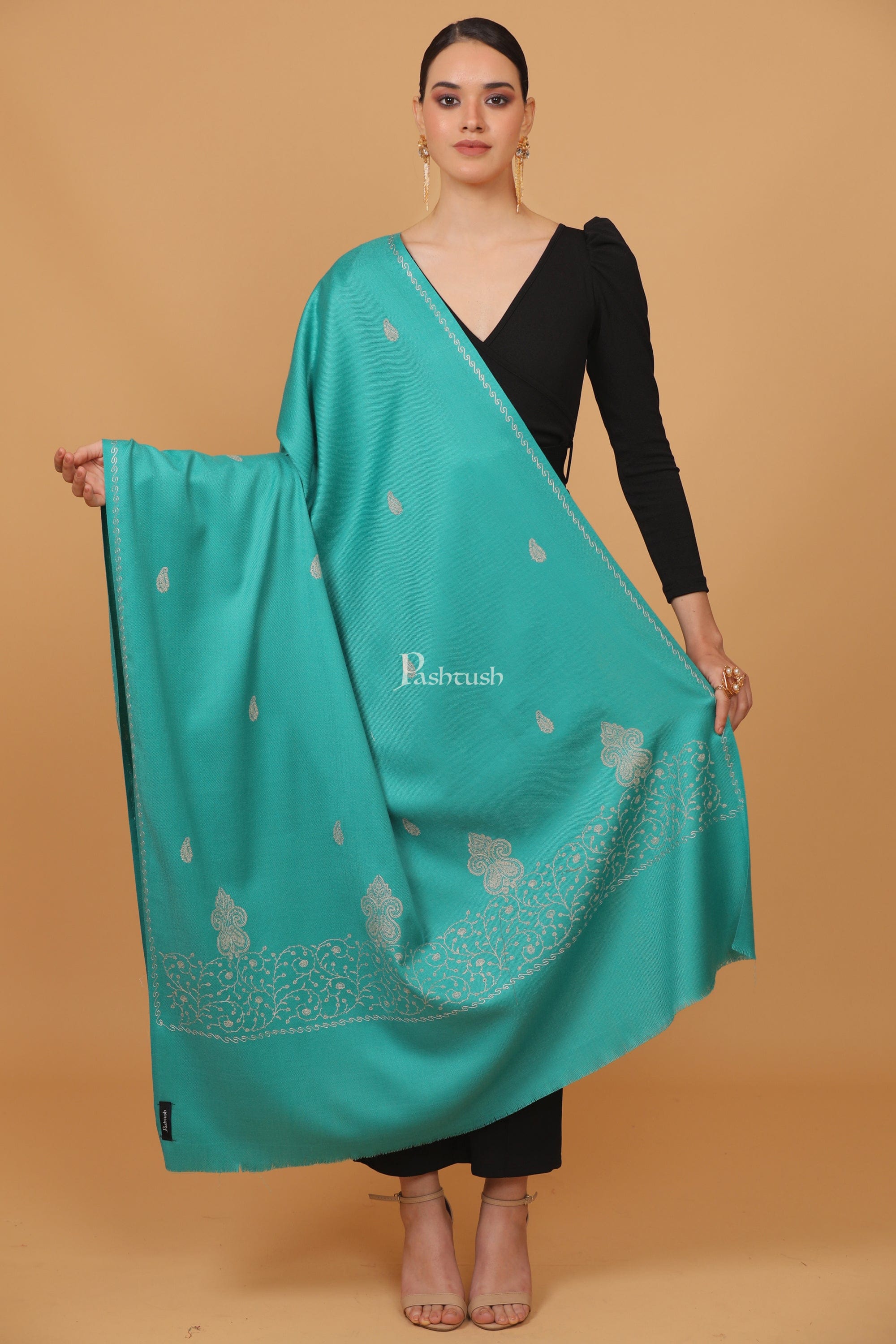 Pashtush womens Fine Wool shawl, tone and tone palla embroidery paisley design, Seagreen