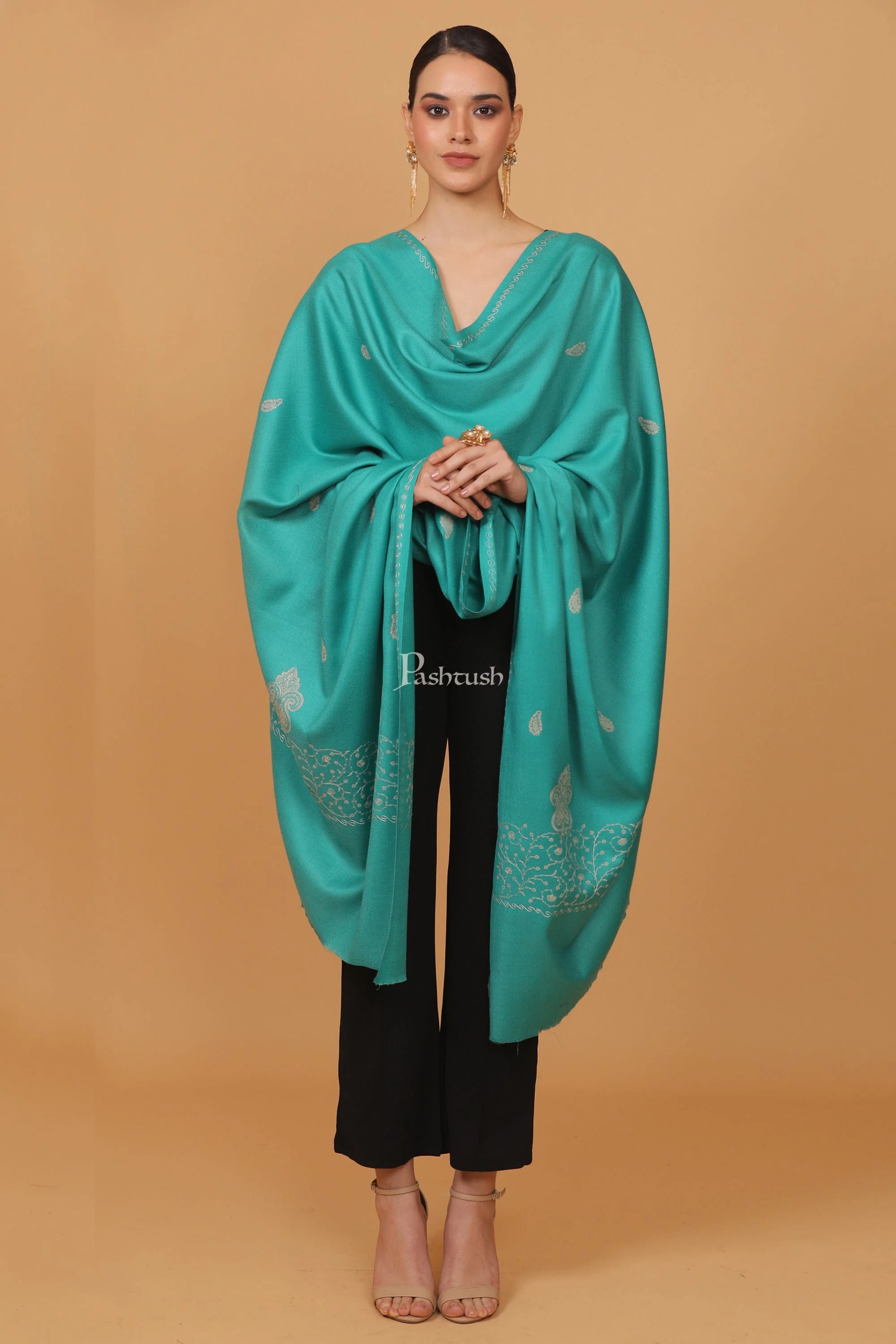 Pashtush womens Fine Wool shawl, tone and tone palla embroidery paisley design, Seagreen - Image 2