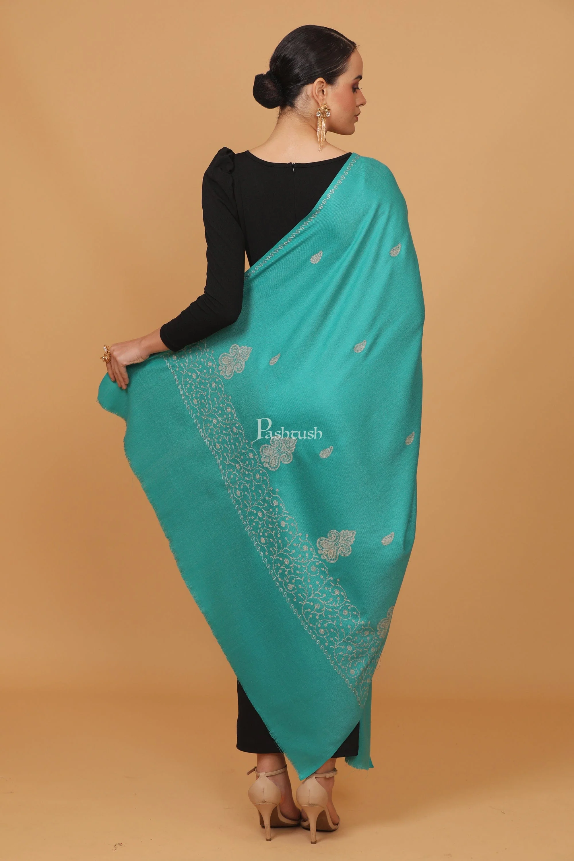 Pashtush womens Fine Wool shawl, tone and tone palla embroidery paisley design, Seagreen - Image 4
