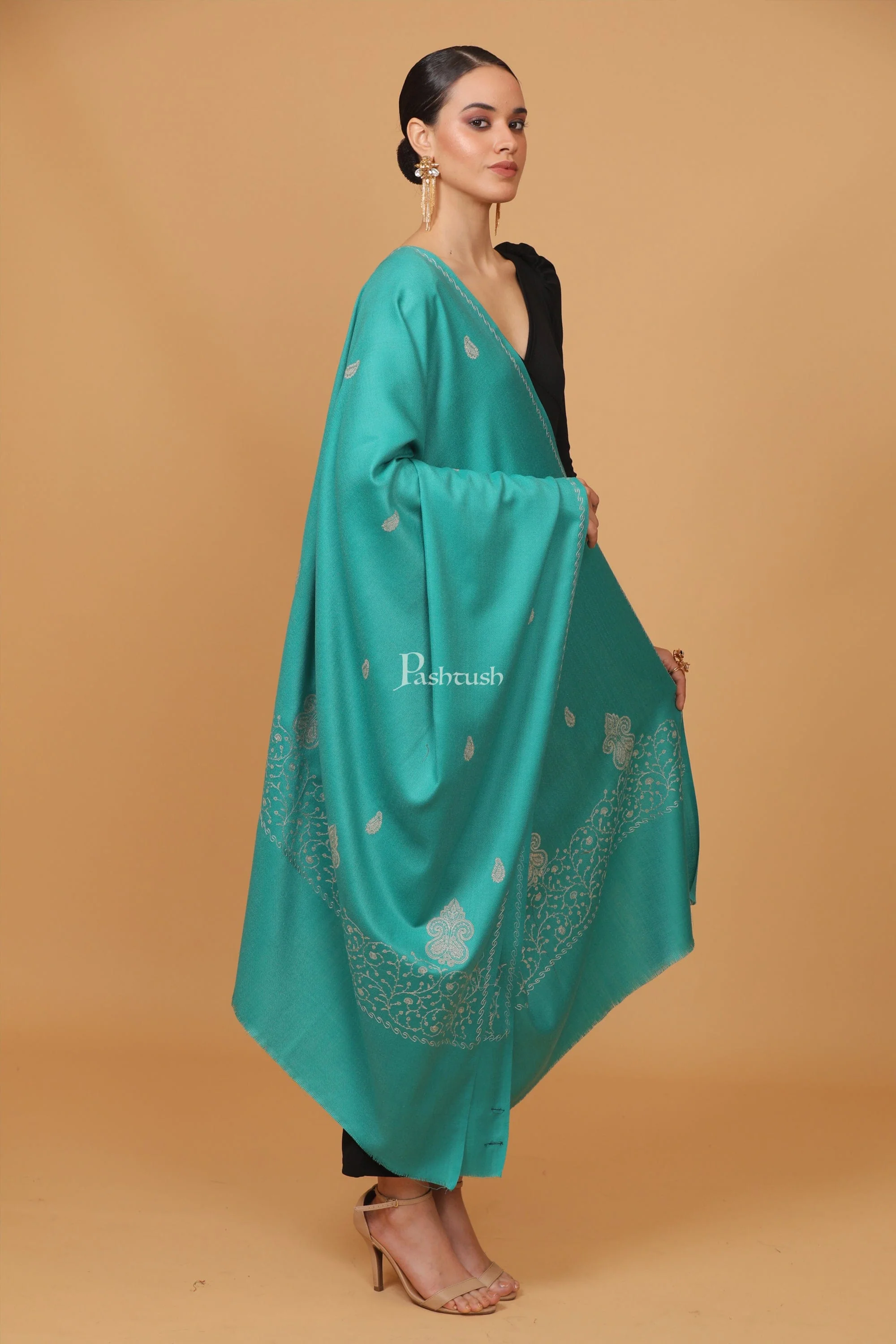 Pashtush womens Fine Wool shawl, tone and tone palla embroidery paisley design, Seagreen - Image 5