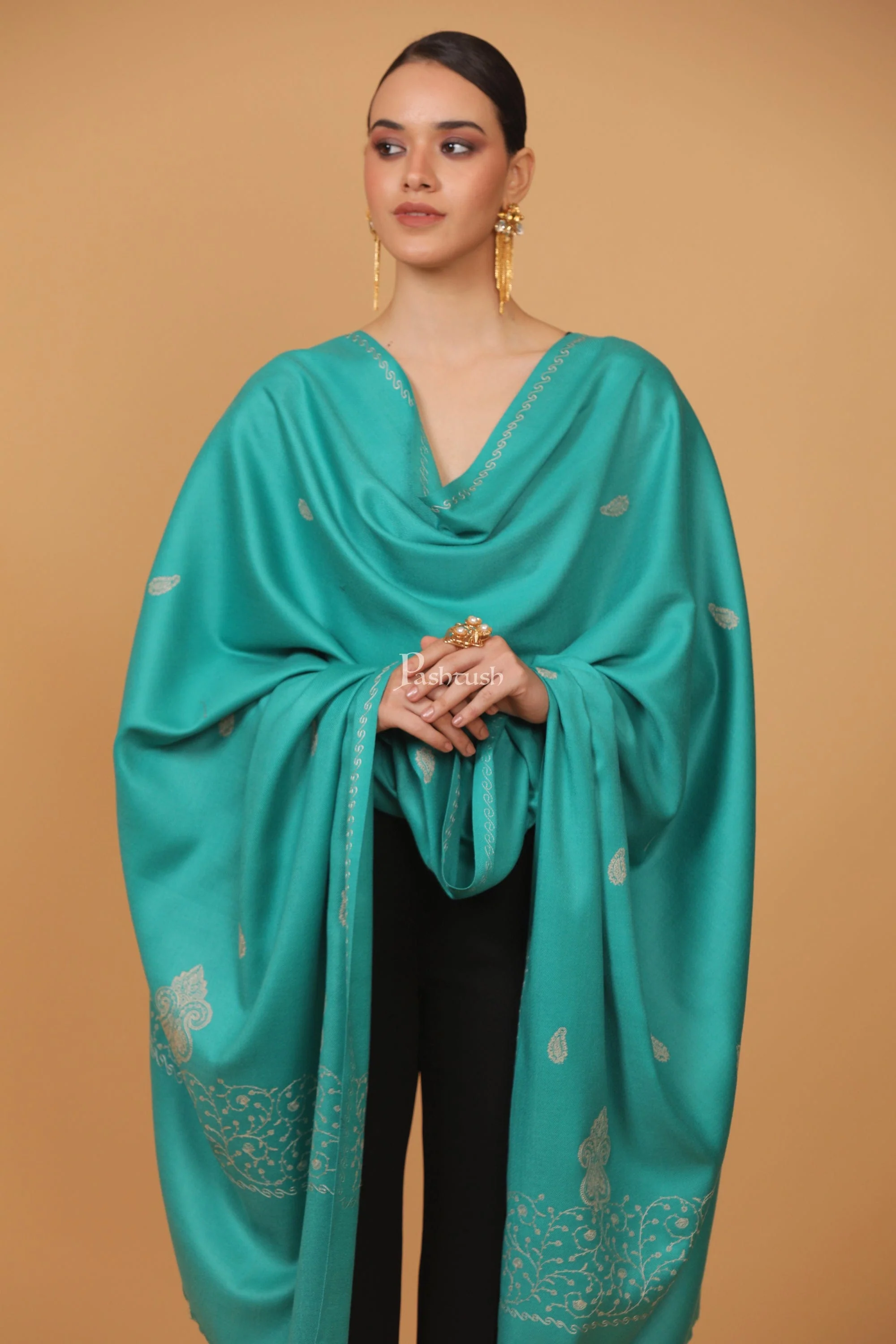 Pashtush womens Fine Wool shawl, tone and tone palla embroidery paisley design, Seagreen - Image 6