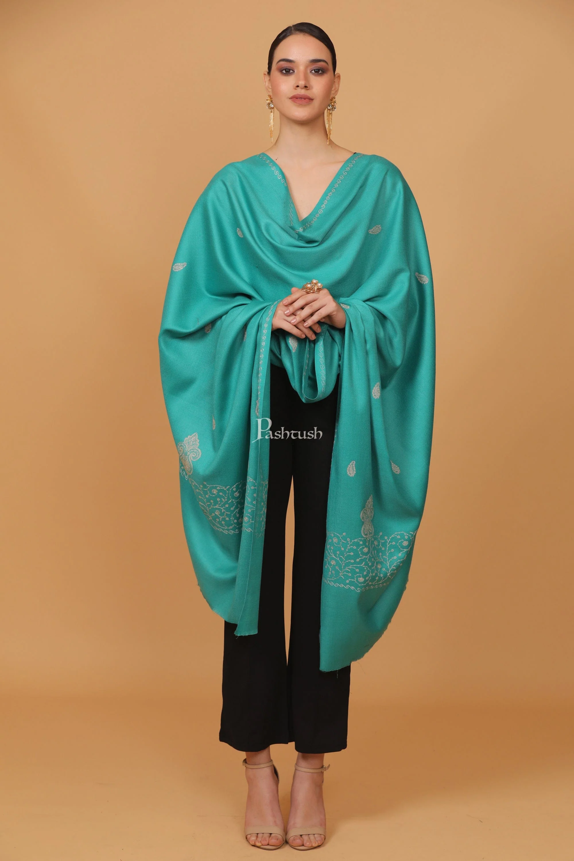 Pashtush womens Fine Wool shawl, tone and tone palla embroidery paisley design, Seagreen - Image 7