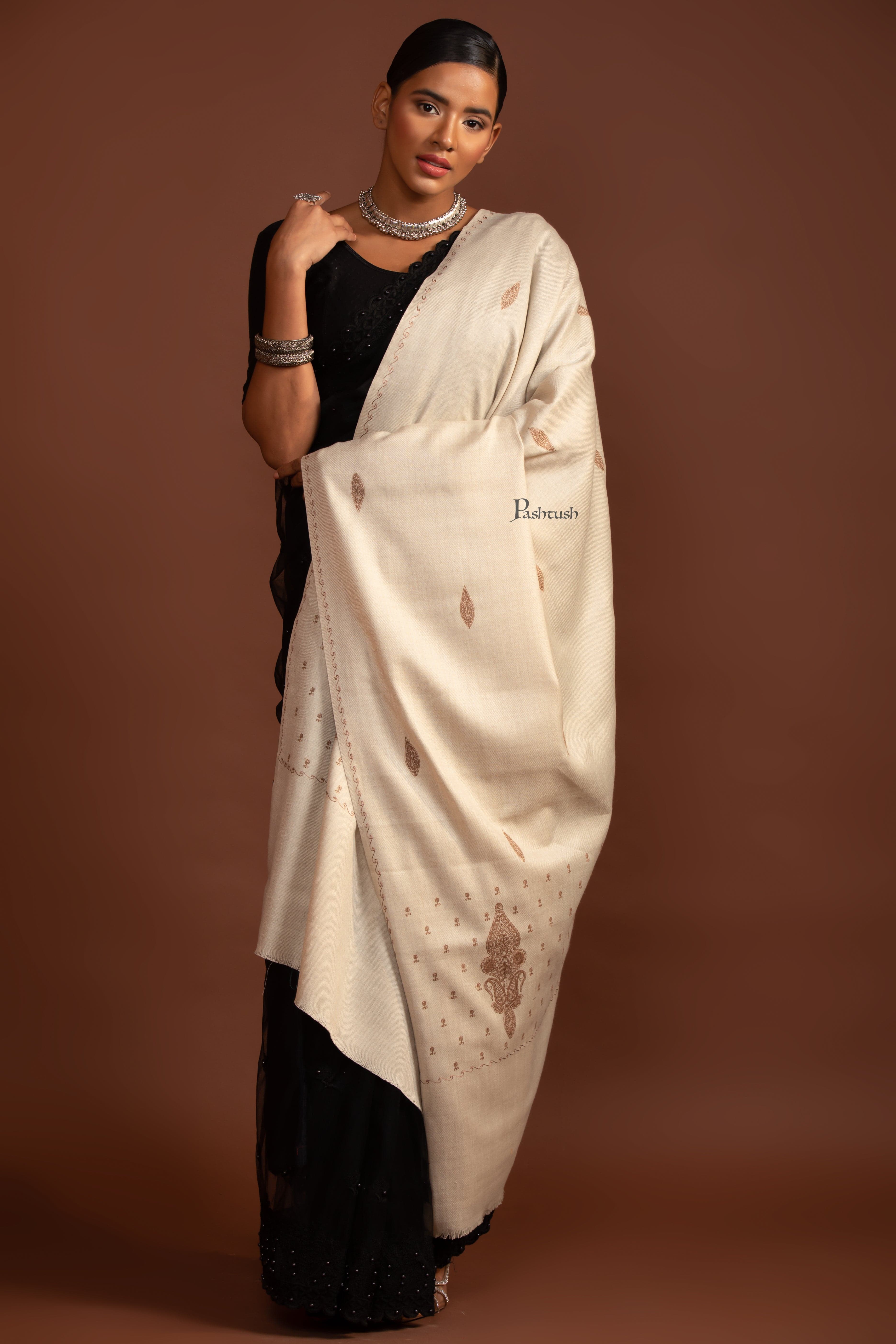 Pashtush Womens Fine Wool Shawl, Tone On Tone Embroidery, Beige - Image 4