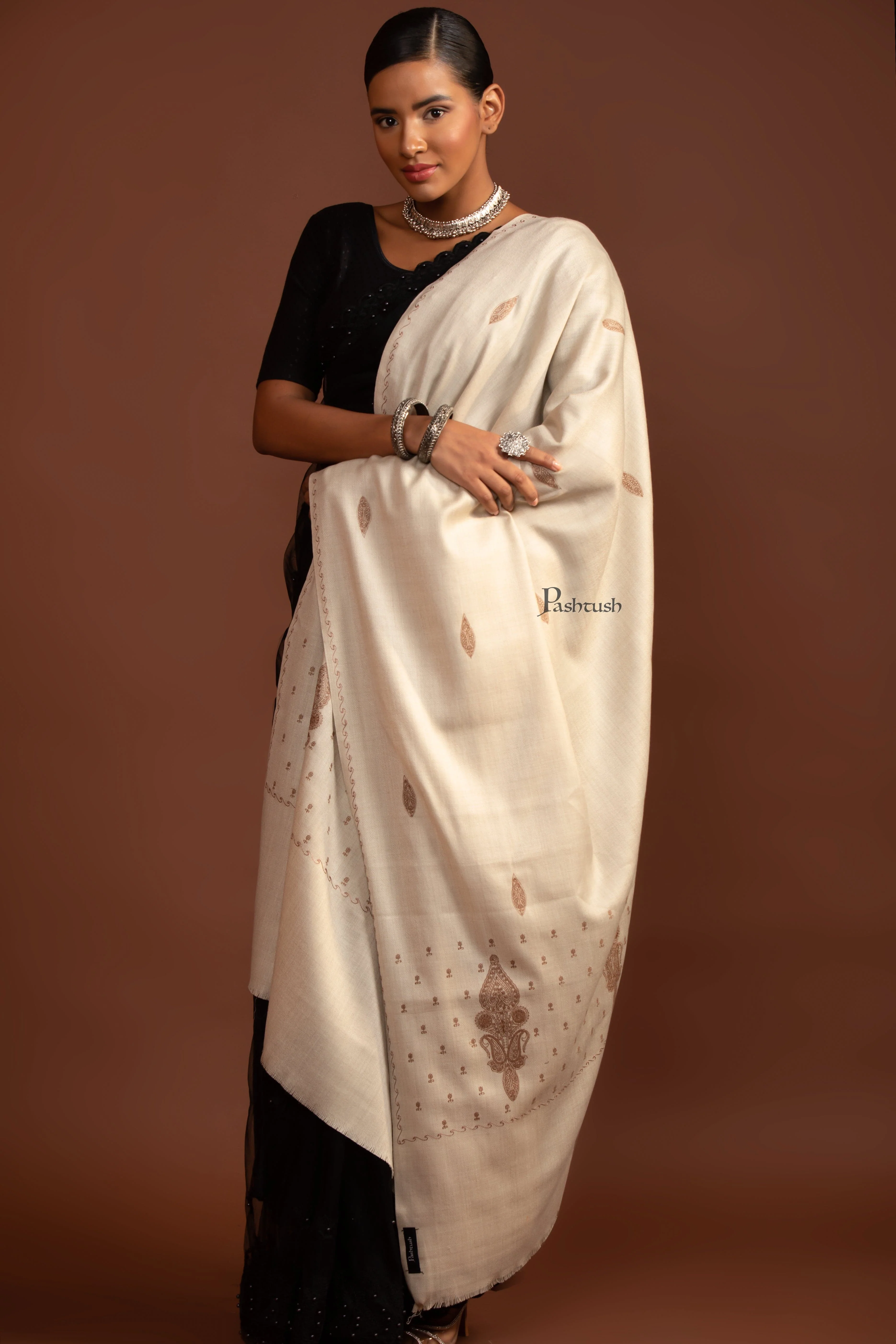 Pashtush Womens Fine Wool Shawl, Tone On Tone Embroidery, Beige - Image 5