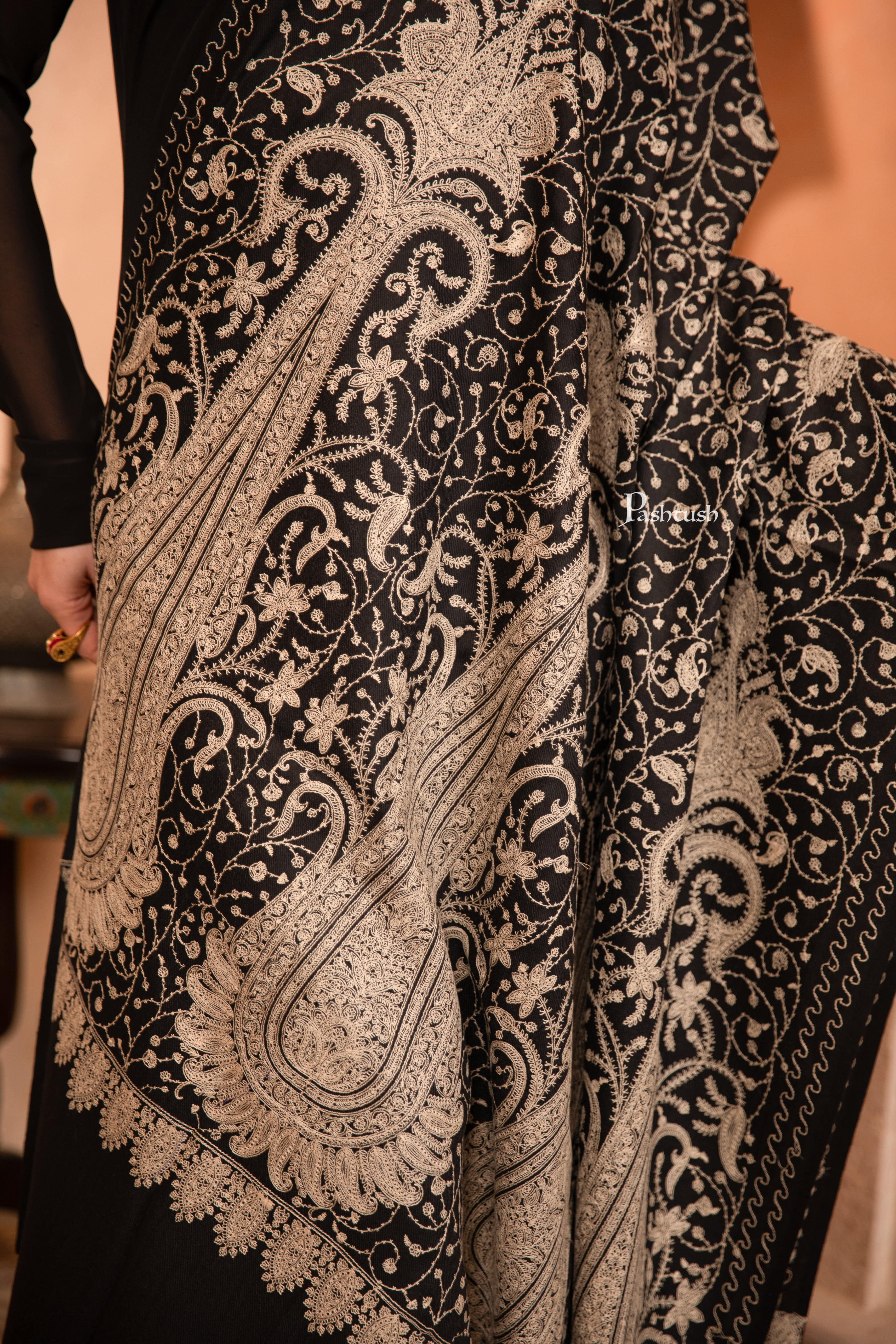 Pashtush Womens Fine Wool Shawl, Tone On Tone Sangeen Jaal Embroidery Design, Black - Image 2