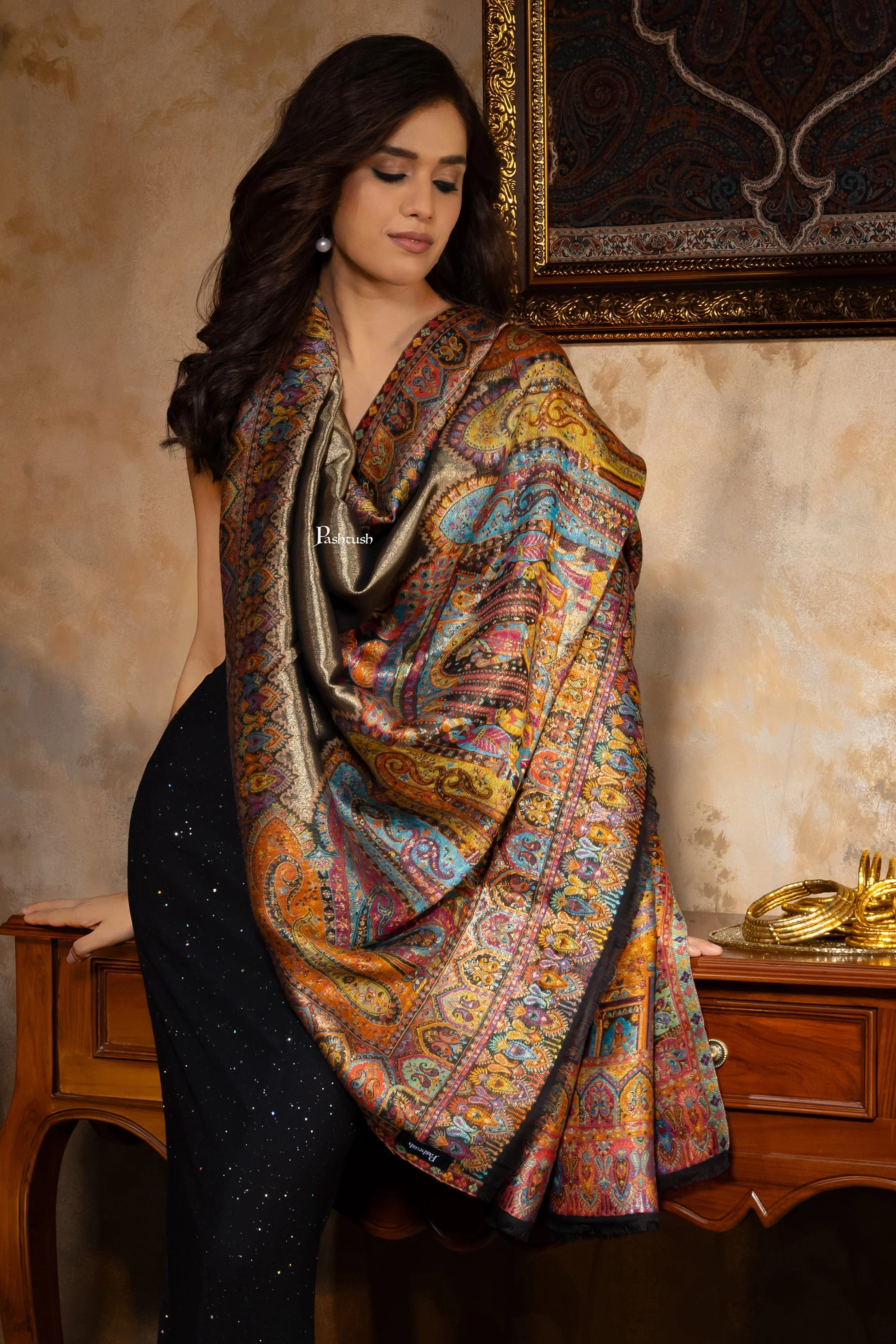Pashtush Womens Fine Wool Shawl, Twilight Darbar Palla Design, Multicolour - Image 4