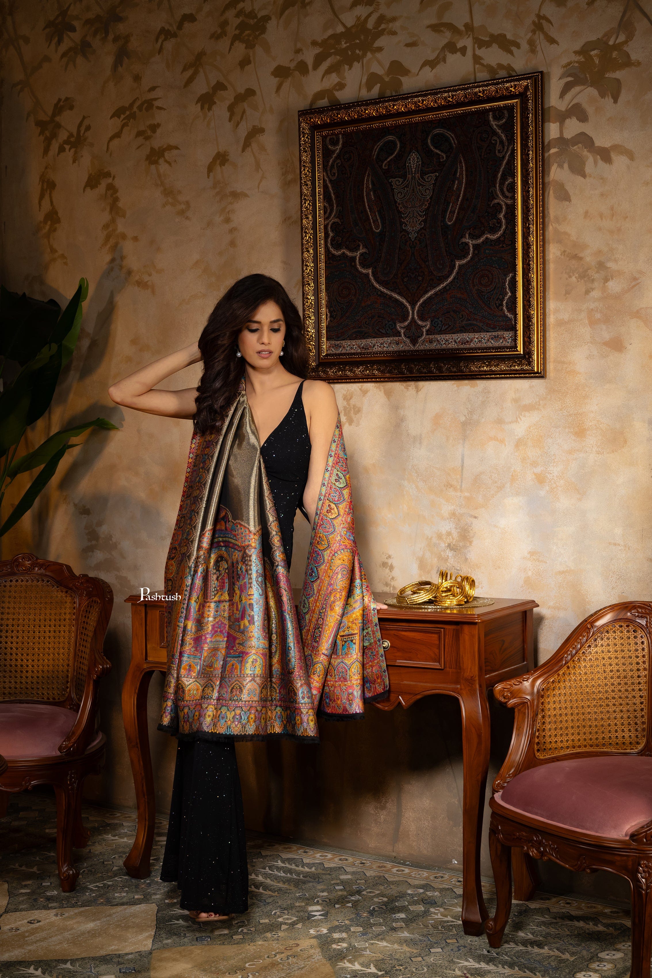 Pashtush Womens Fine Wool Shawl, Twilight Darbar Palla Design, Multicolour - Image 5