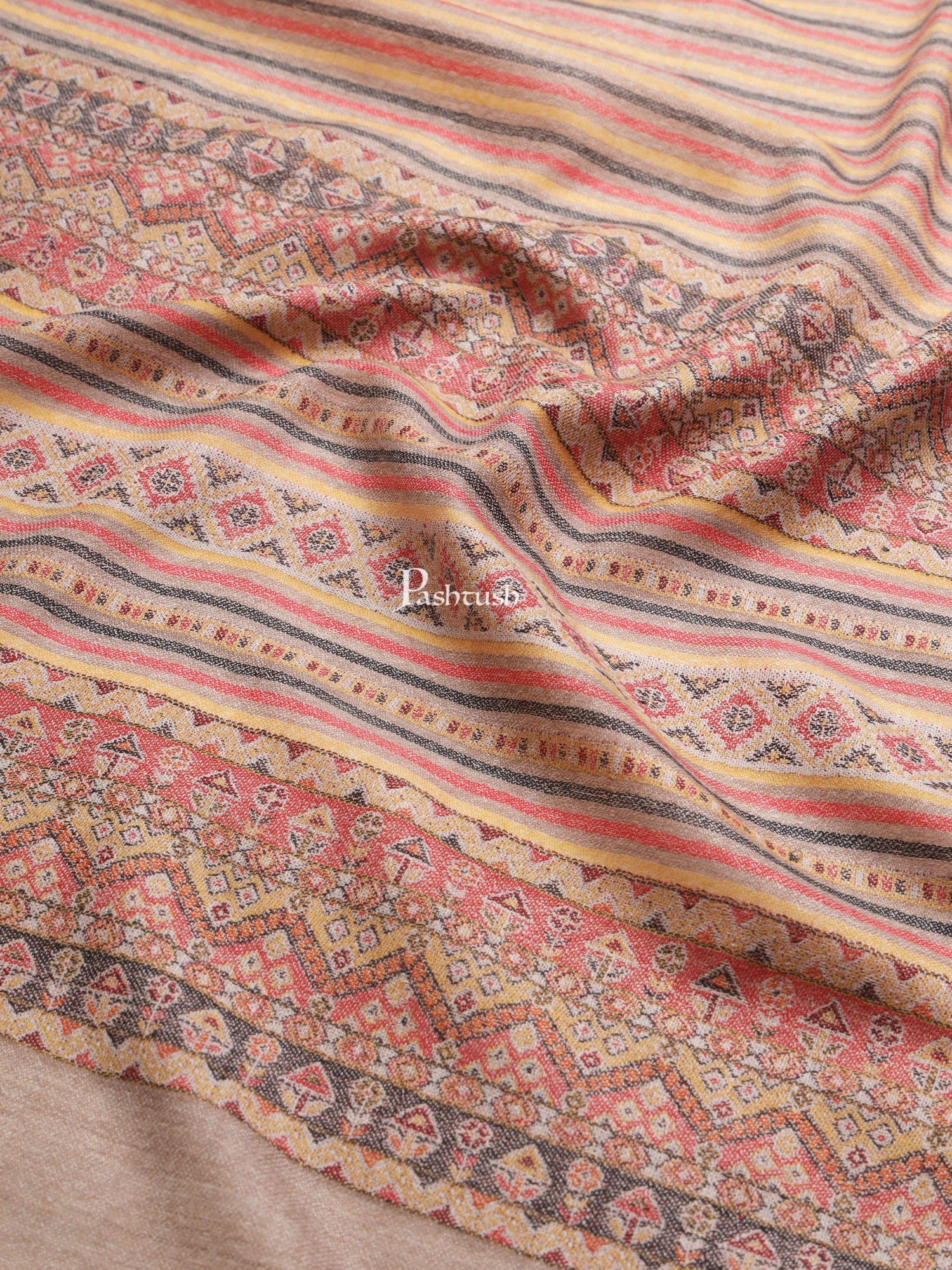 Pashtush Womens Fine Wool Shawl, With Aztec Weave Striped Palla, Taupe - Image 2