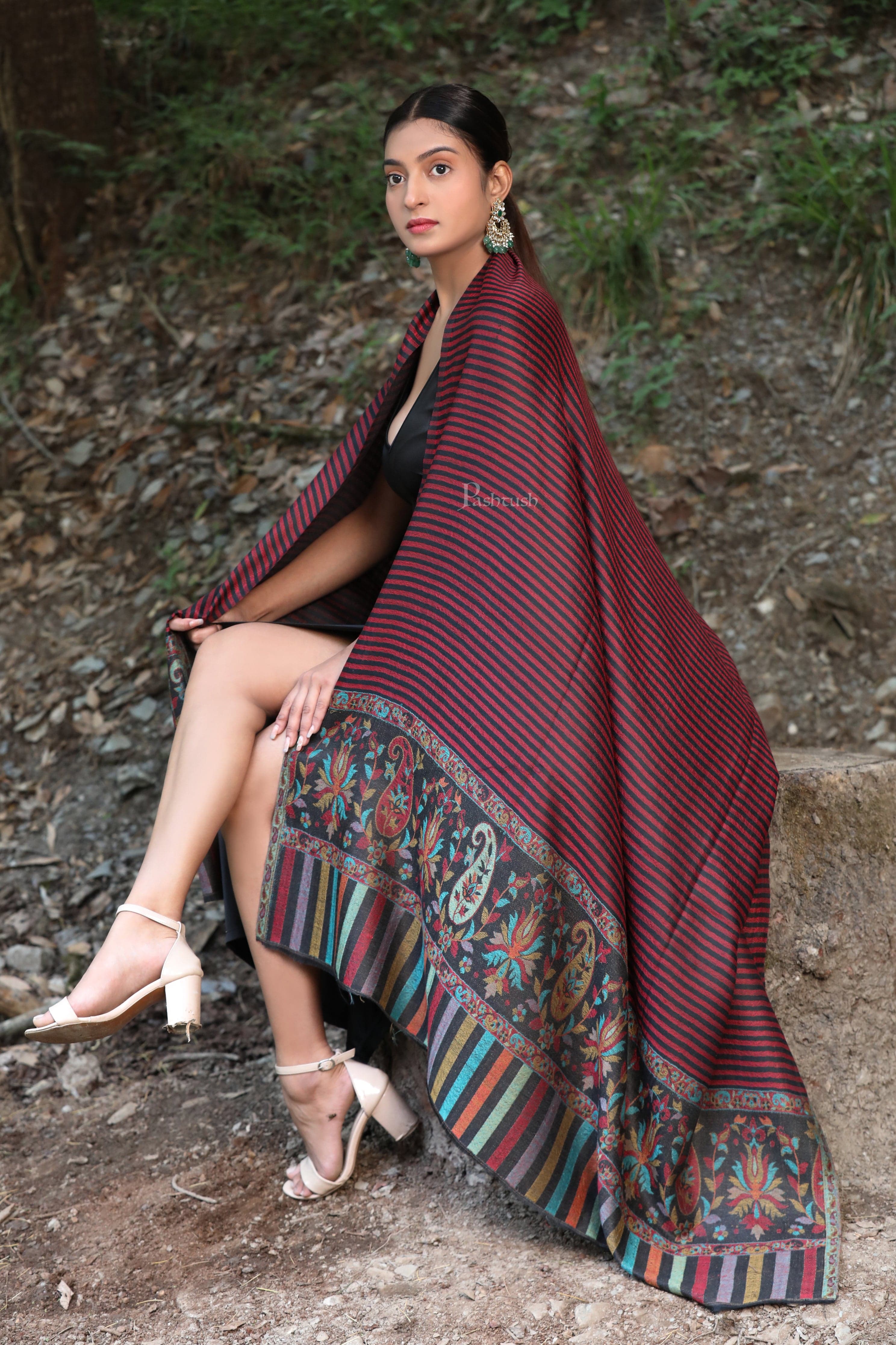 PASHTUSH WOMENS FINE WOOL SHAWL, WITH ETHNIC PALLA WEAVE - Image 3