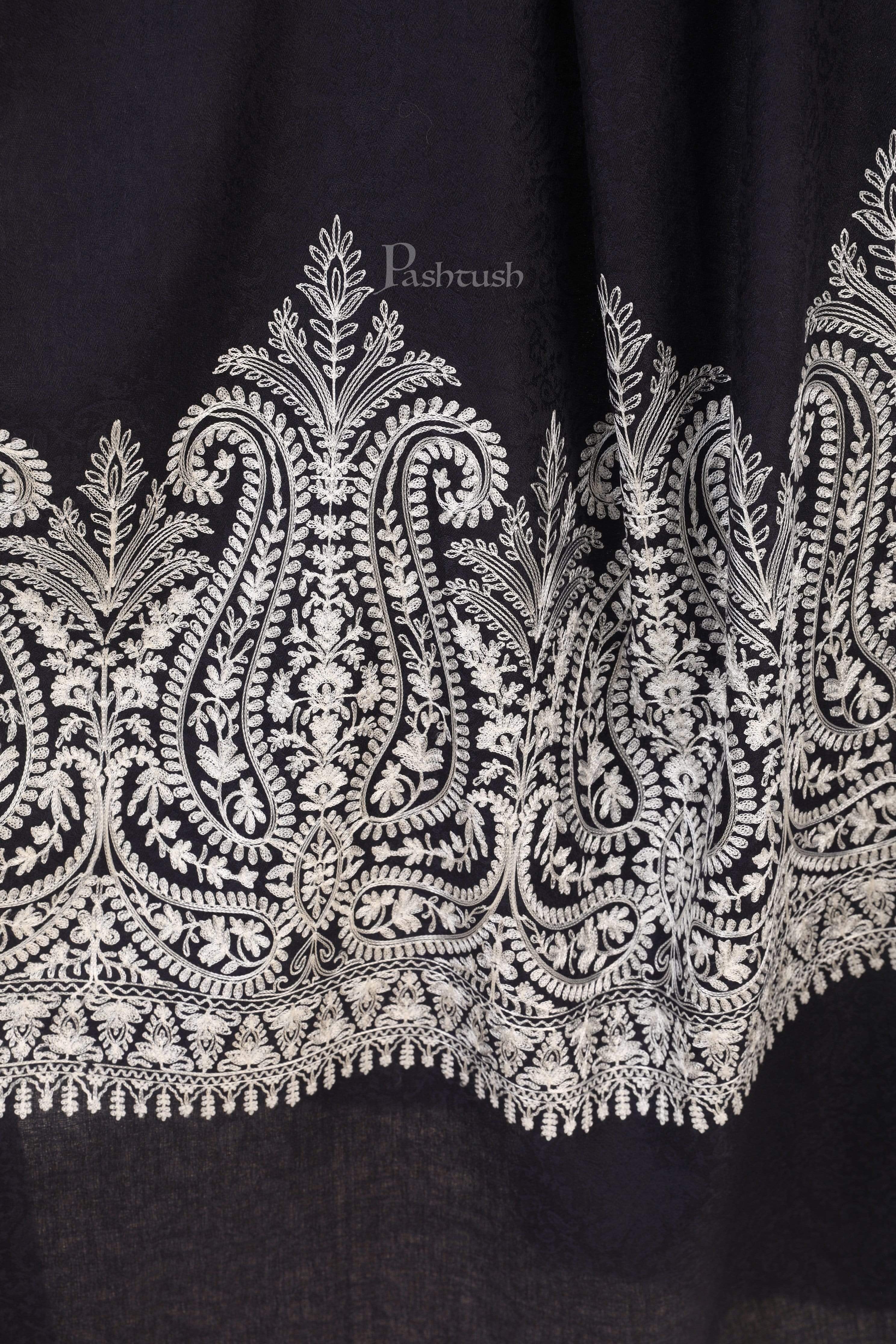 Pashtush Womens Fine Wool Shawl, With Tone On Tone Nalki Embroidery, Soft And Warm, Navy Blue - Image 2
