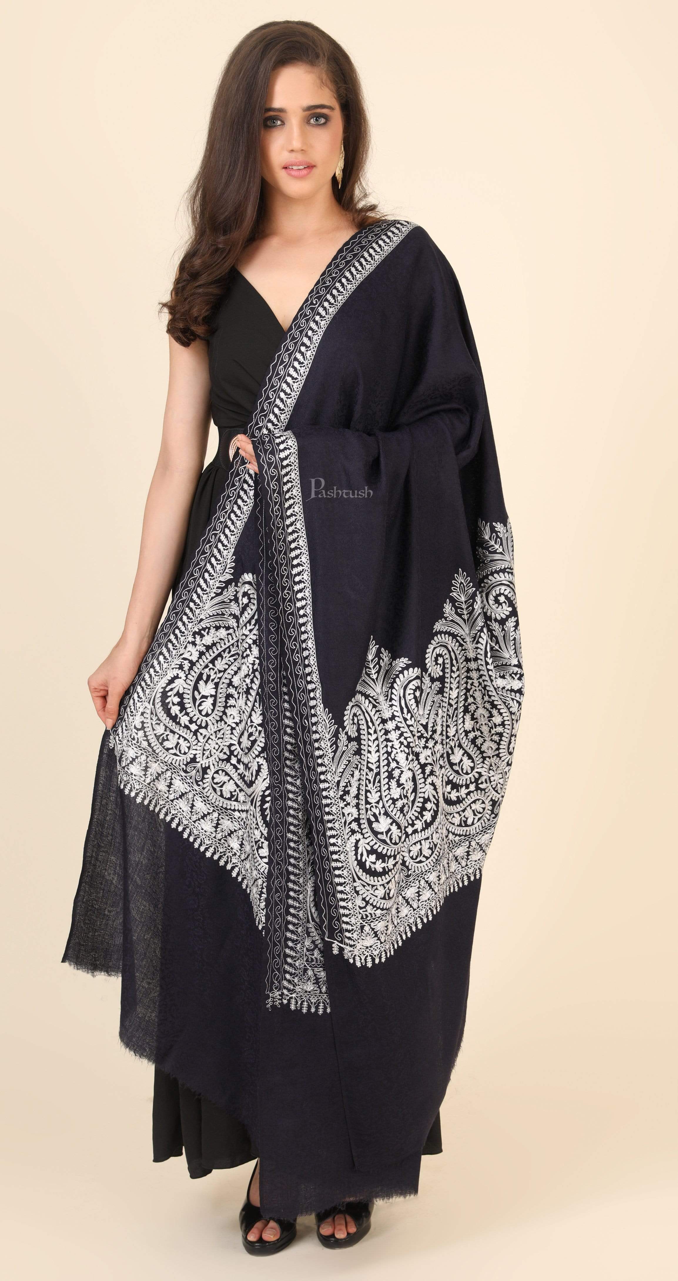 Pashtush Womens Fine Wool Shawl, With Tone On Tone Nalki Embroidery, Soft And Warm, Navy Blue - Image 3