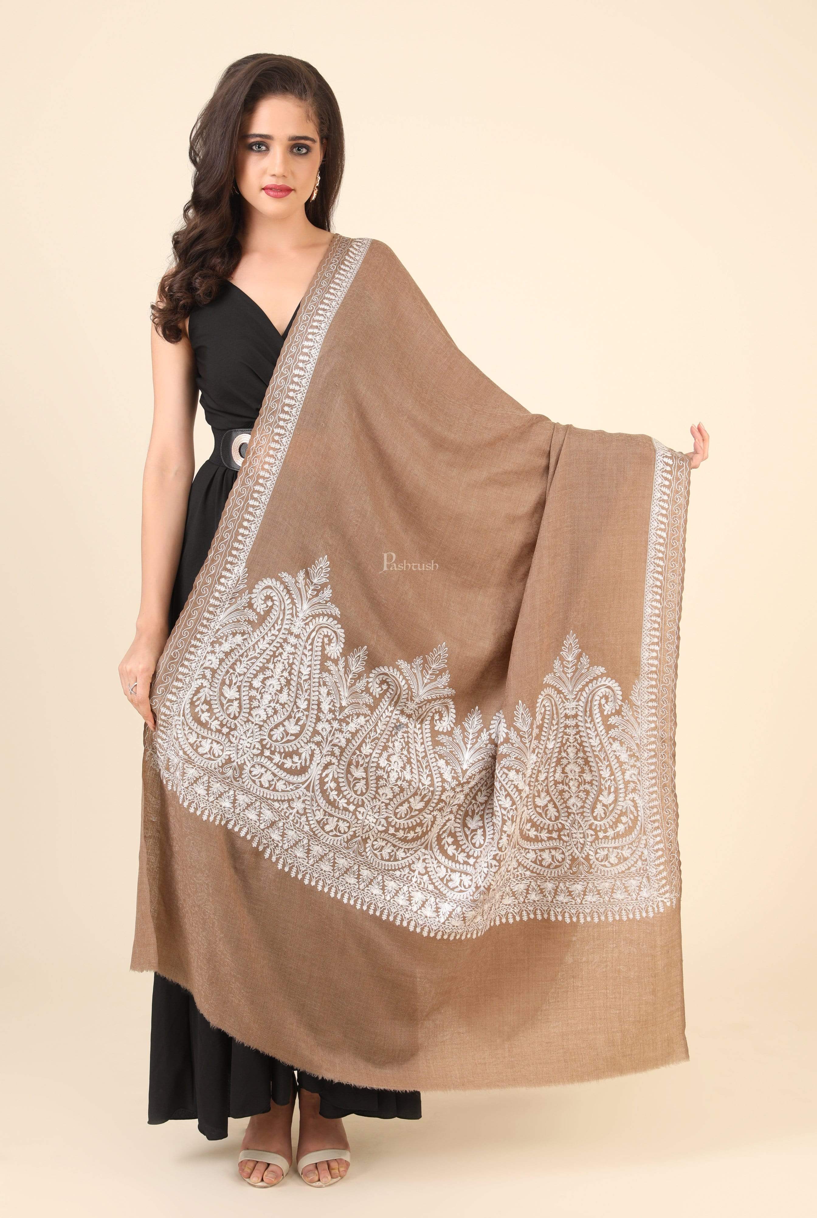 Pashtush Womens Fine Wool Shawl, With Tone On Tone Nalki Embroidery, Soft And Warm