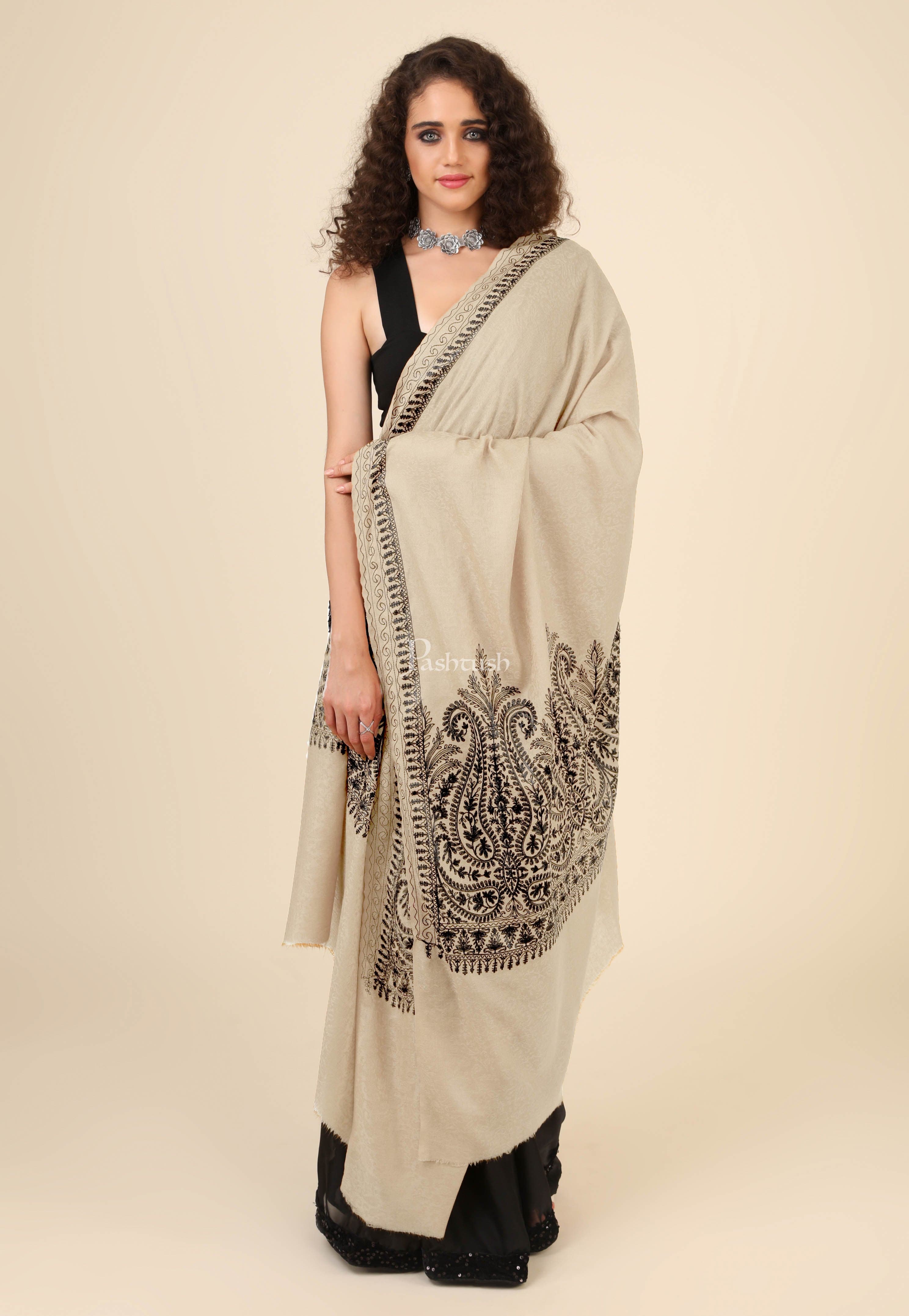 Pashtush Womens Fine Wool Shawl, With Tone On Tone Nalki Embroidery, Soft And Warm, Beige