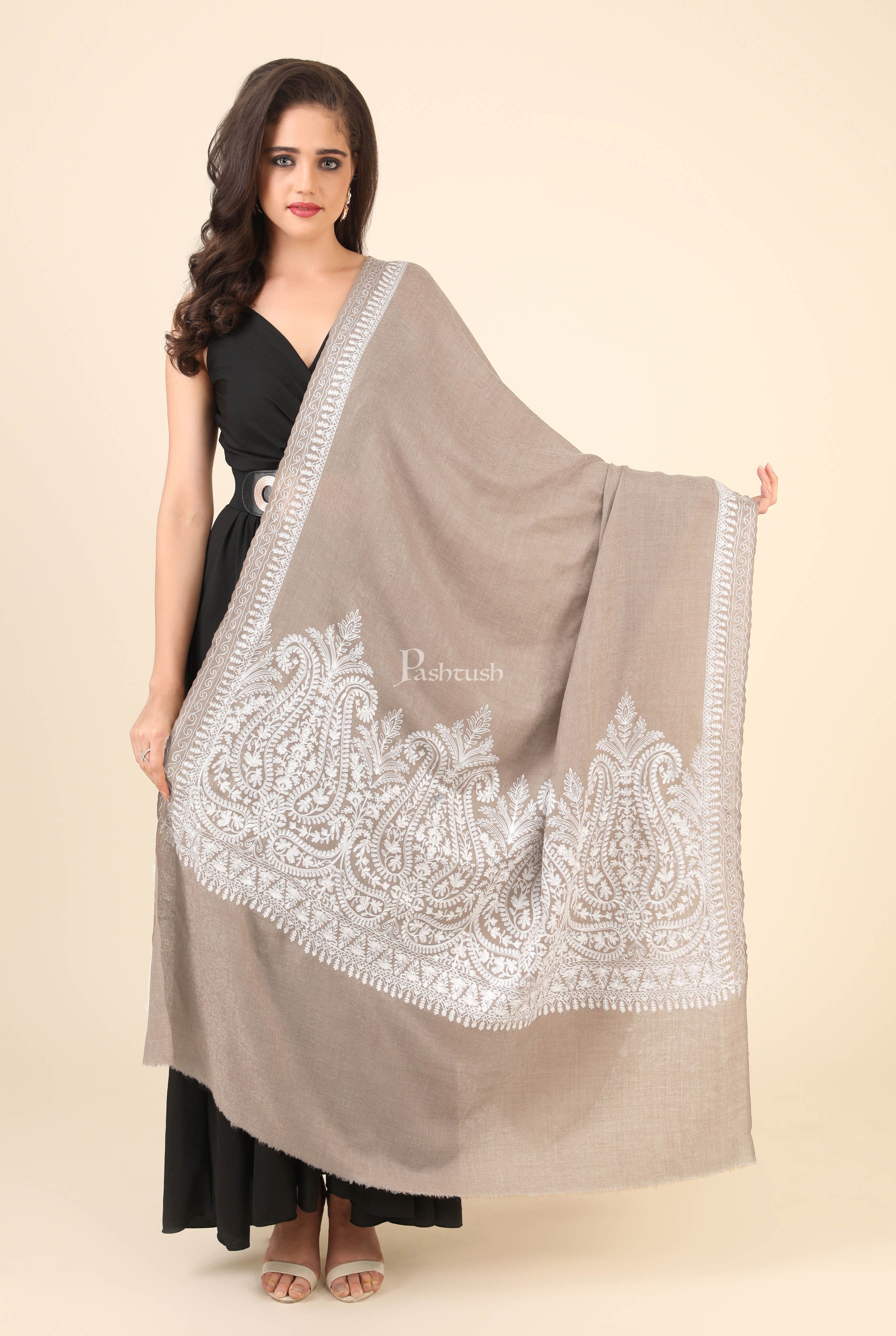Pashtush Womens Fine Wool Shawl, With Tone On Tone Nalki Embroidery, Soft And Warm, Beige