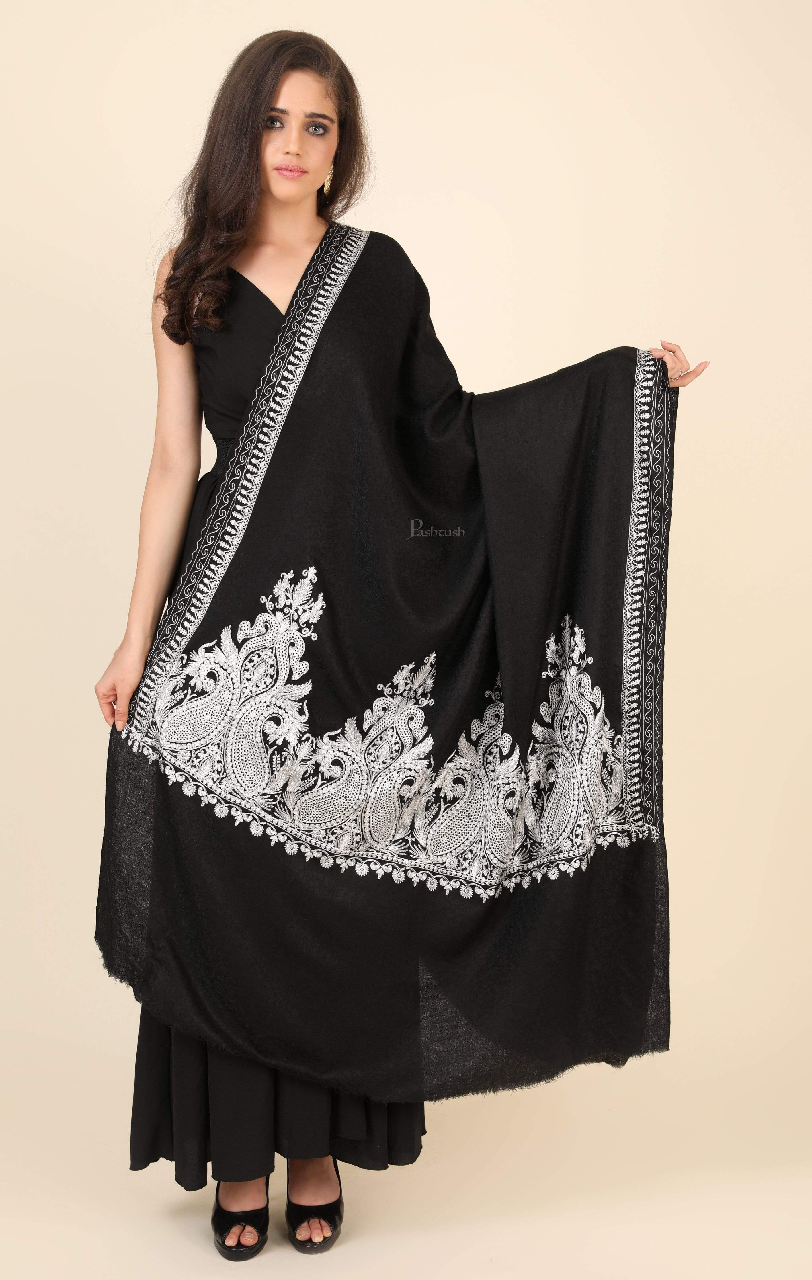 Pashtush Womens Fine Wool Shawl, With Tone On Tone Nalki Embroidery, Soft And Warm, Black