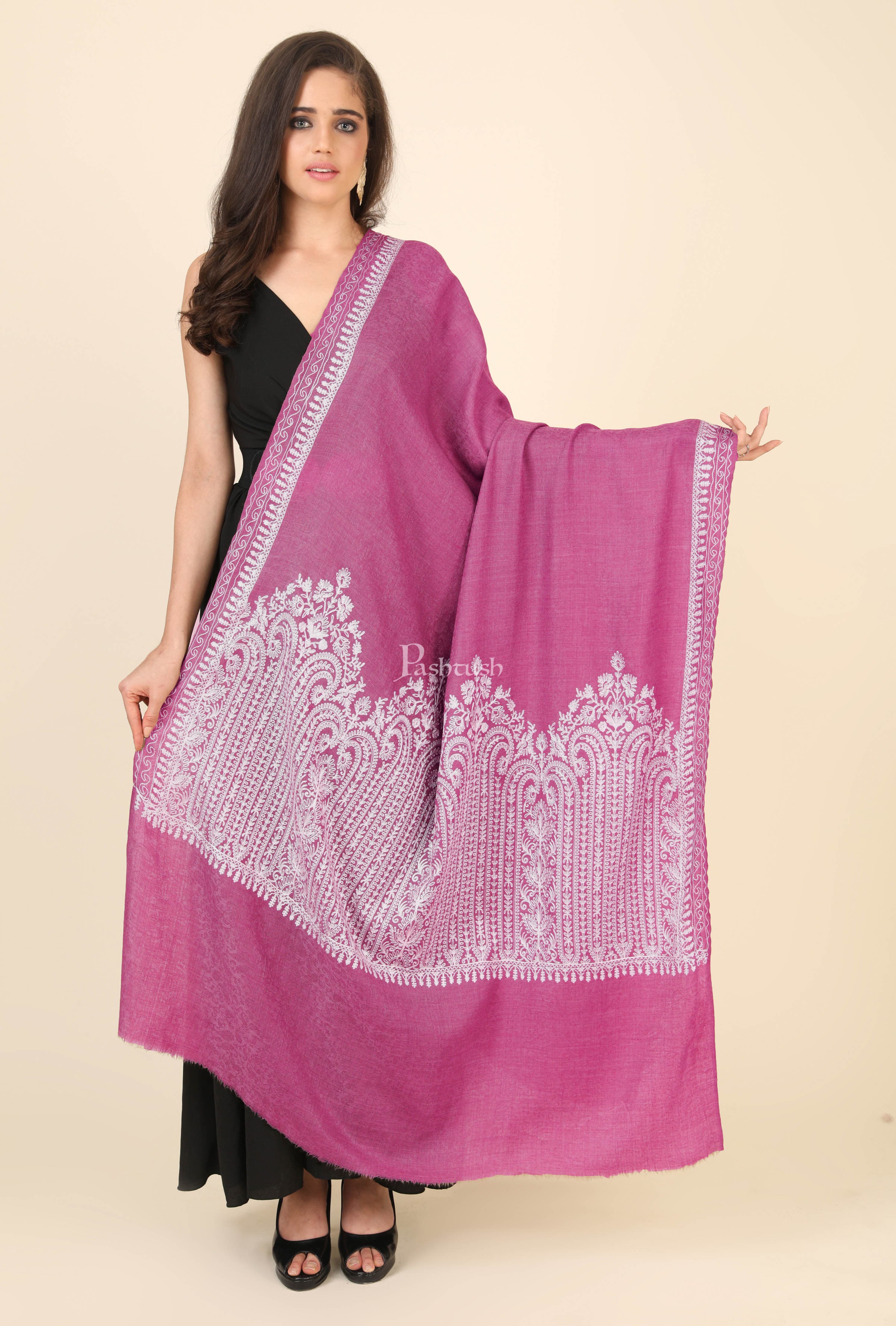 Pashtush Womens Fine Wool Shawl, With Tone On Tone Nalki Embroidery, Soft And Warm, Dark Pink