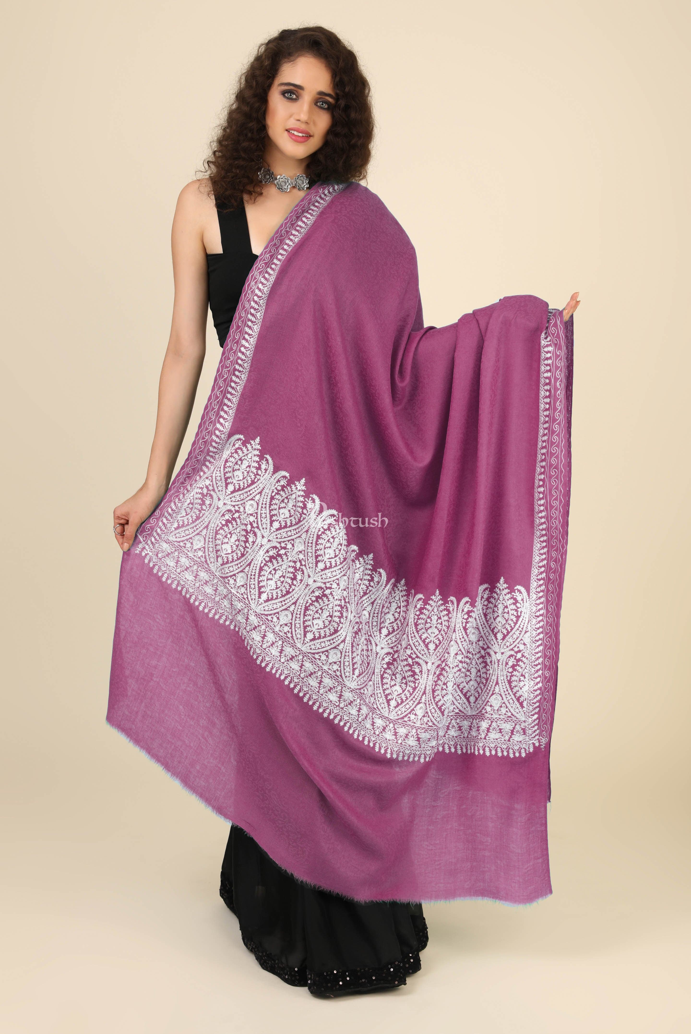 Pashtush Womens Fine Wool Shawl, With Tone On Tone Nalki Embroidery, Soft And Warm, Majenta