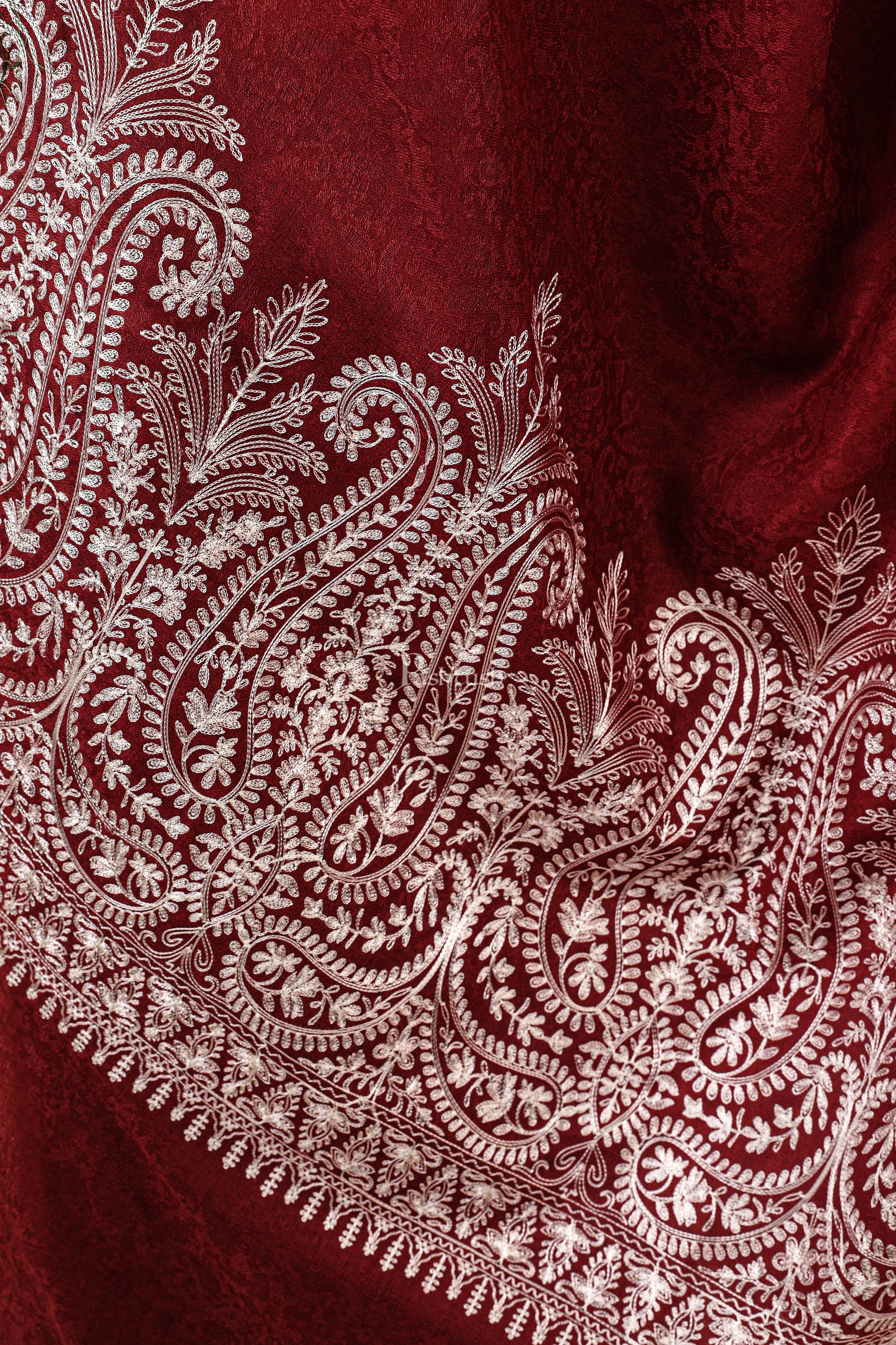 Pashtush Womens Fine Wool Shawl, With Tone On Tone Nalki Embroidery, Soft And Warm, Maroon