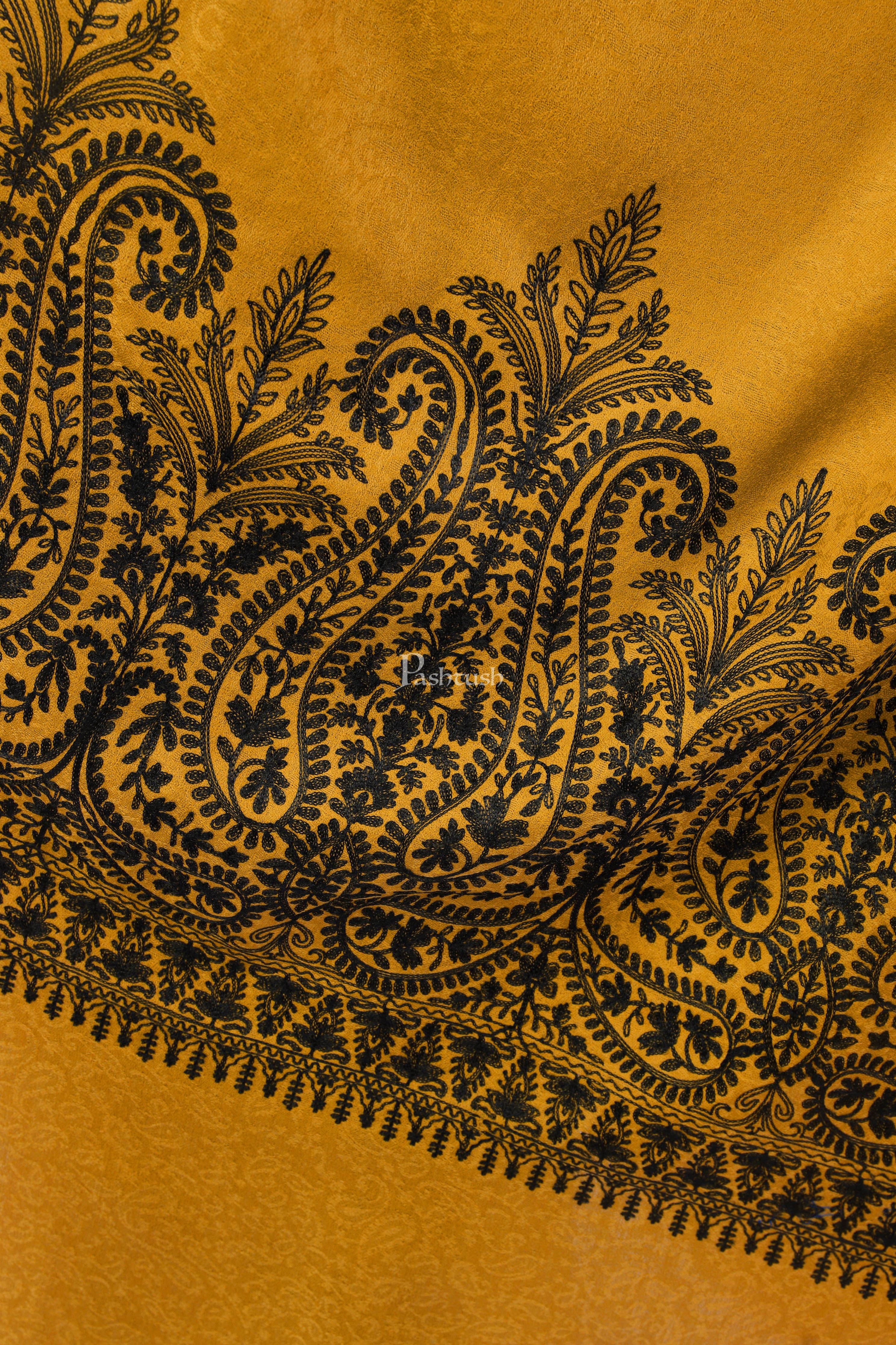 Pashtush Womens Fine Wool Shawl, With Tone On Tone Nalki Embroidery, Soft And Warm, Mustard - Image 2