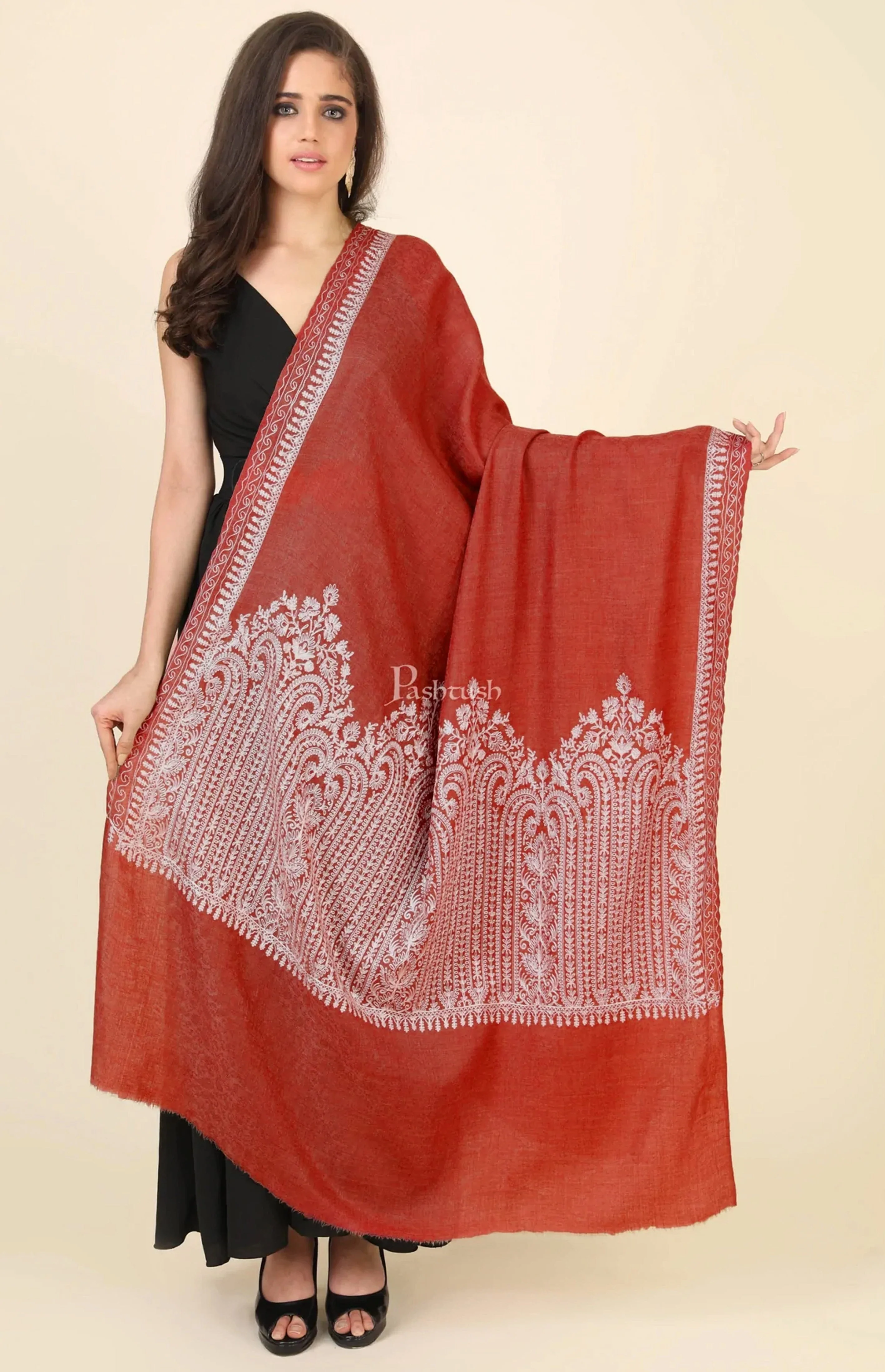 Pashtush Womens Fine Wool Shawl, With Tone On Tone Nalki Embroidery, Soft And Warm, Orange