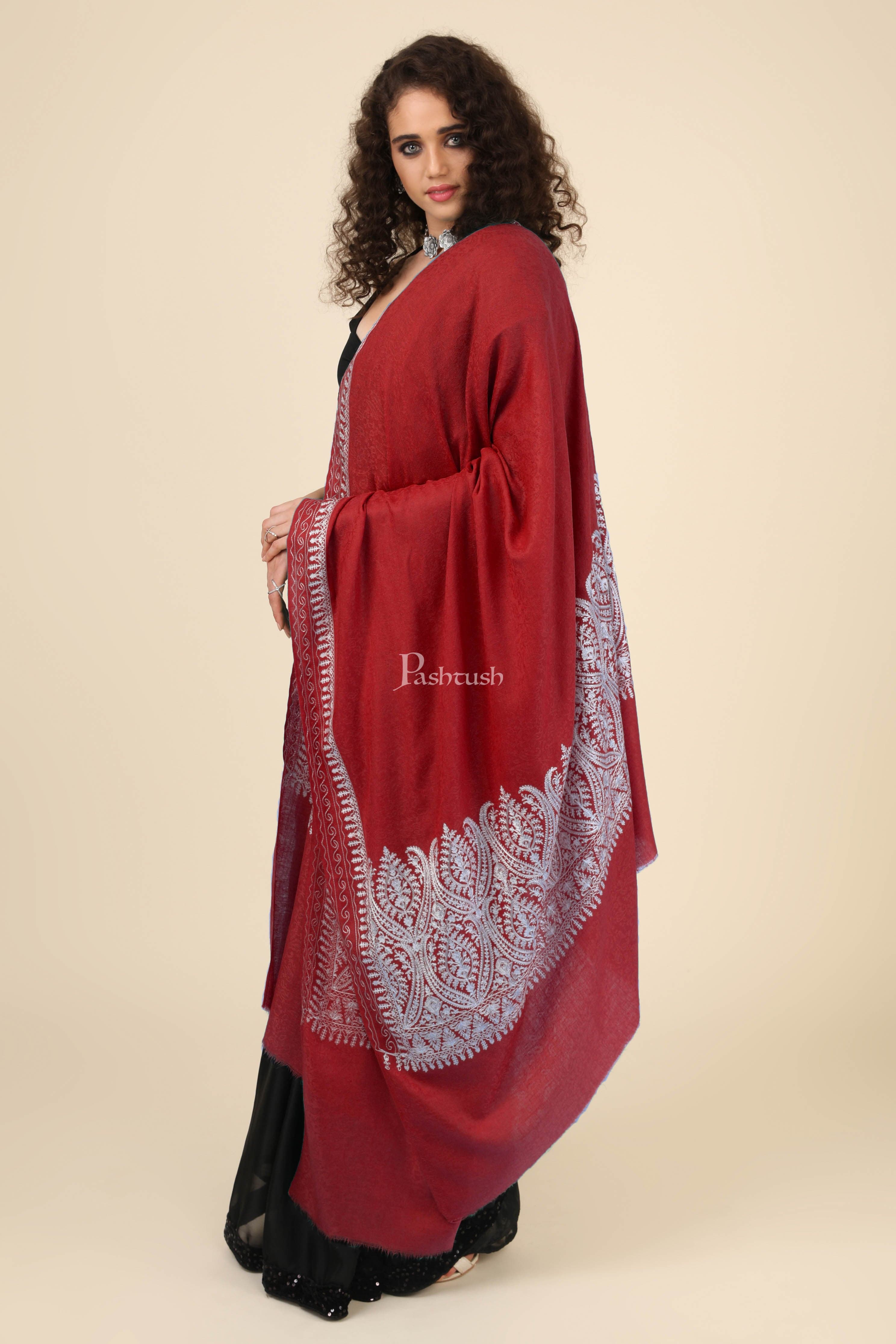 Pashtush Womens Fine Wool Shawl, With Tone On Tone Nalki Embroidery, Soft And Warm, Red - Image 3