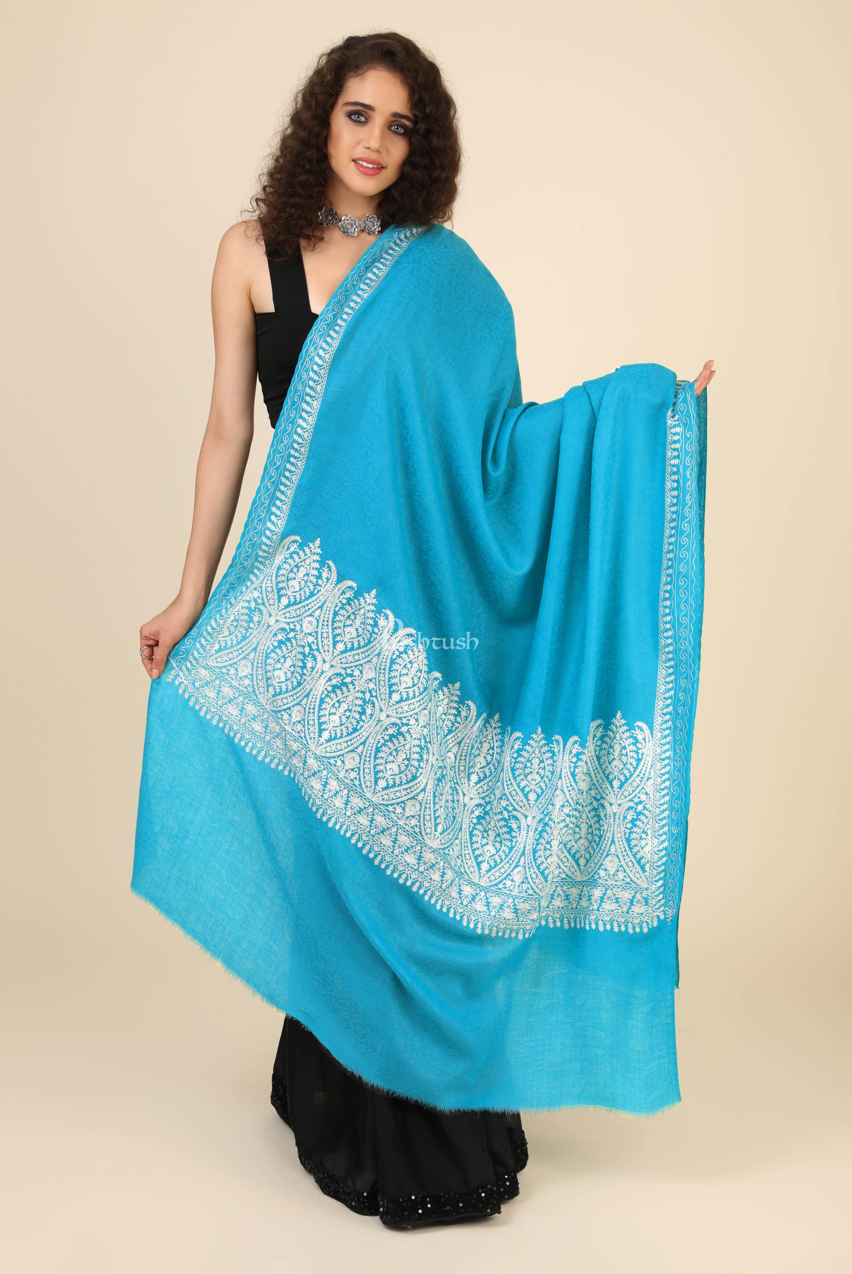 Pashtush Womens Fine Wool Shawl, With Tone On Tone Nalki Embroidery, Soft And Warm, Sky Blue - Image 3