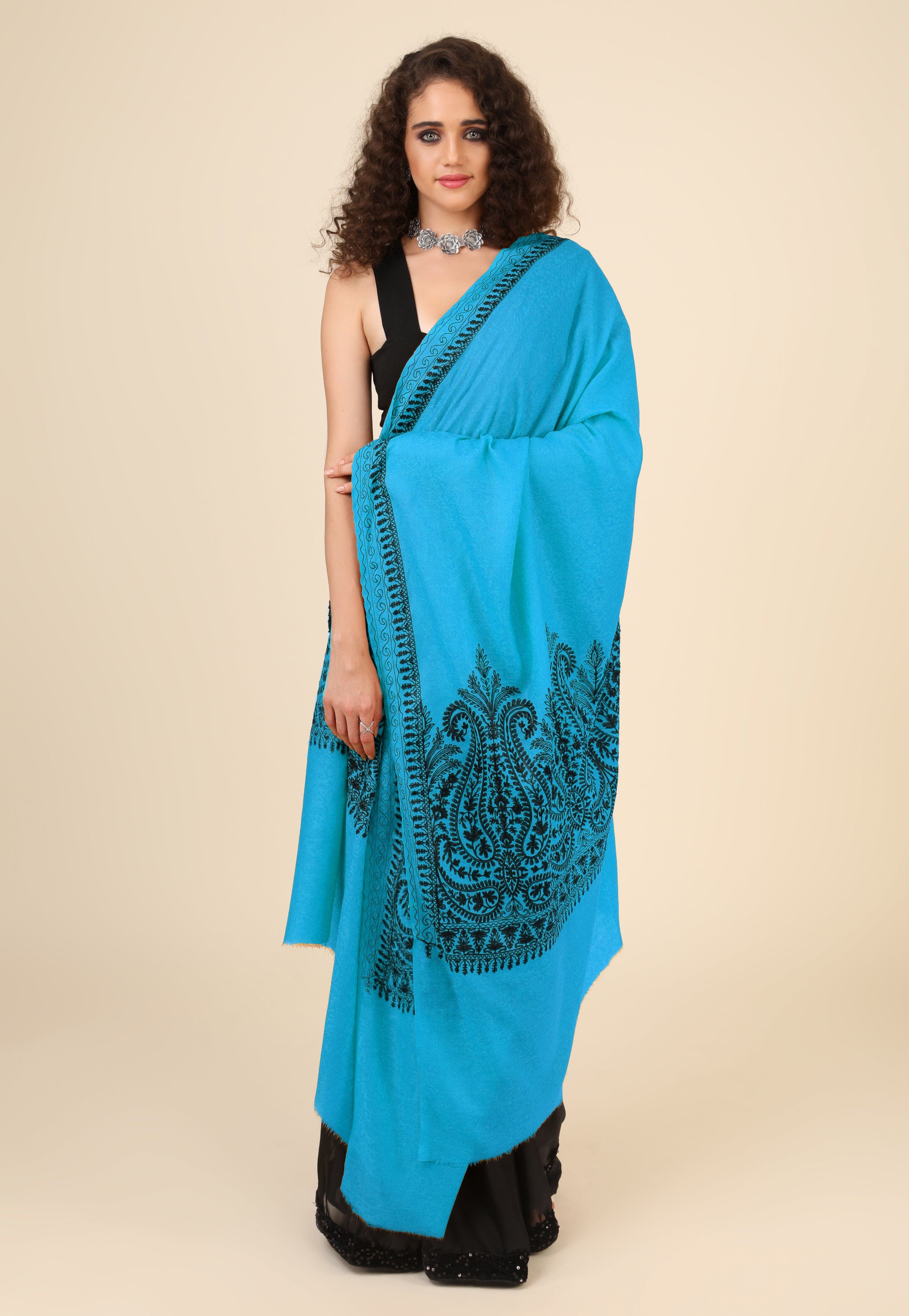Pashtush Womens Fine Wool Shawl, With Tone On Tone Nalki Embroidery, Soft And Warm, sky blue - Image 3
