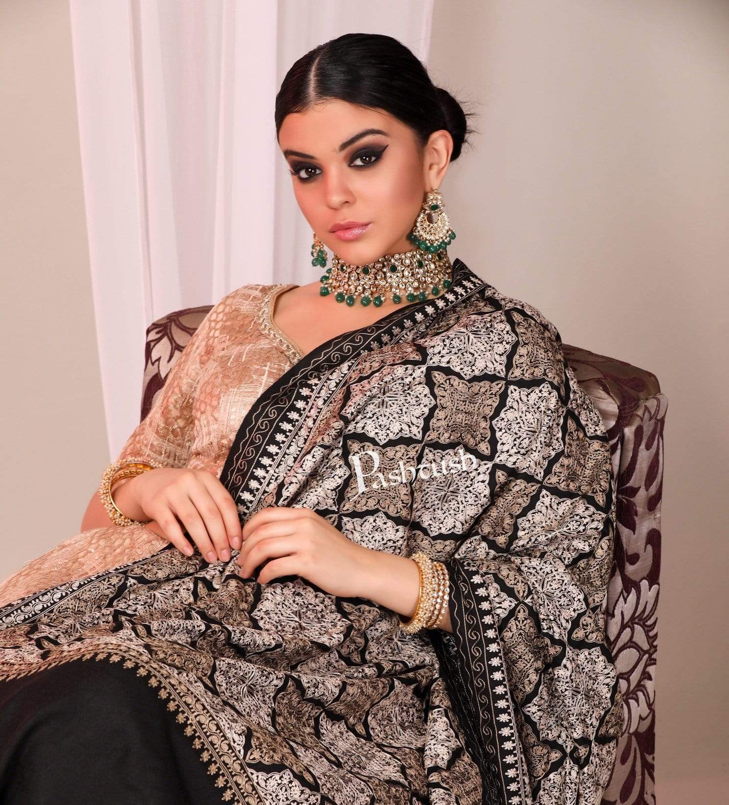 Pashtush Womens Fine Wool, Silky Nalki Embroidery Needlework Shawl, Black - Image 6