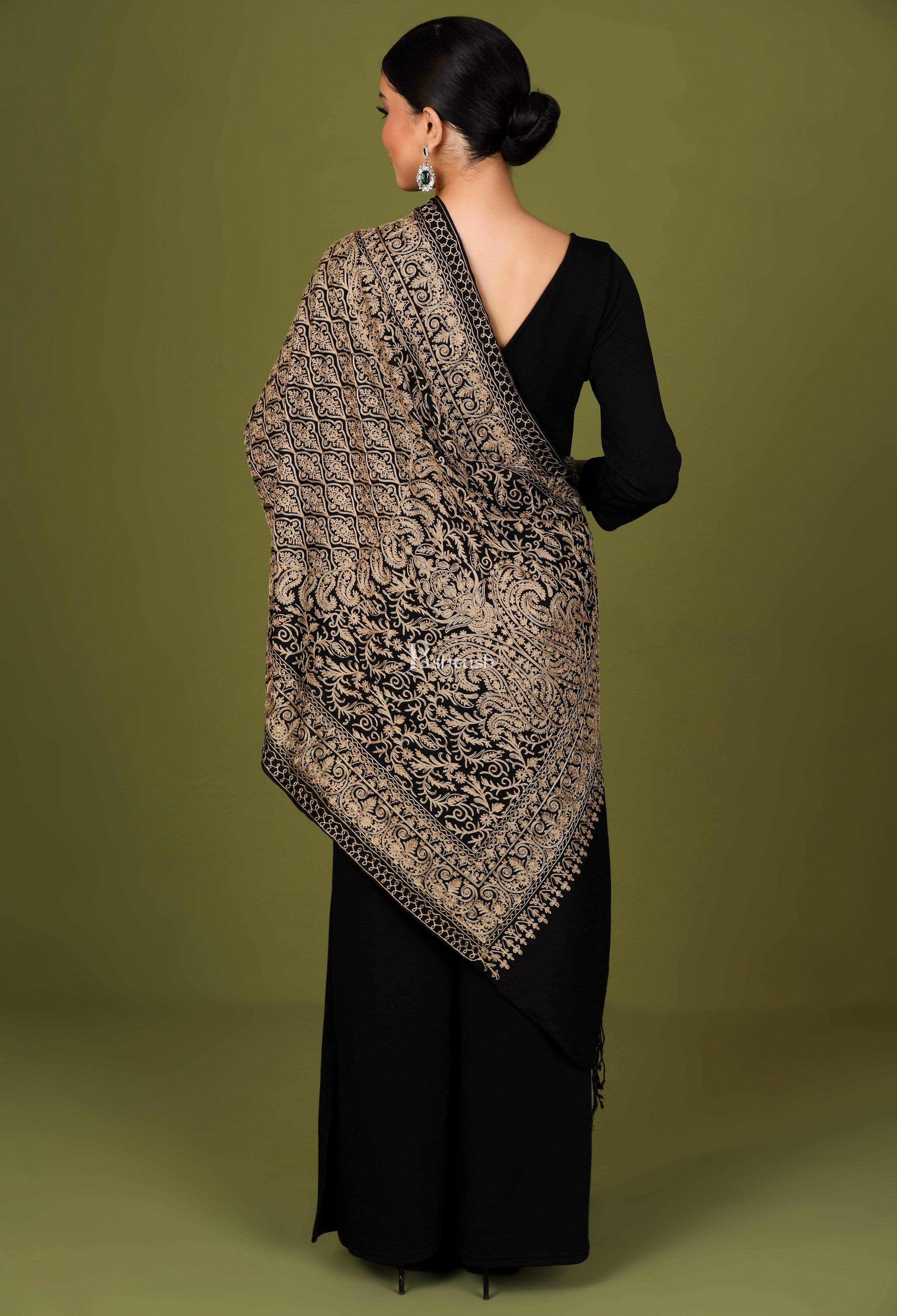 Pashtush Womens Woollen Stole, Silky Nalki Embroidery Needlework Stole, Black - Image 3
