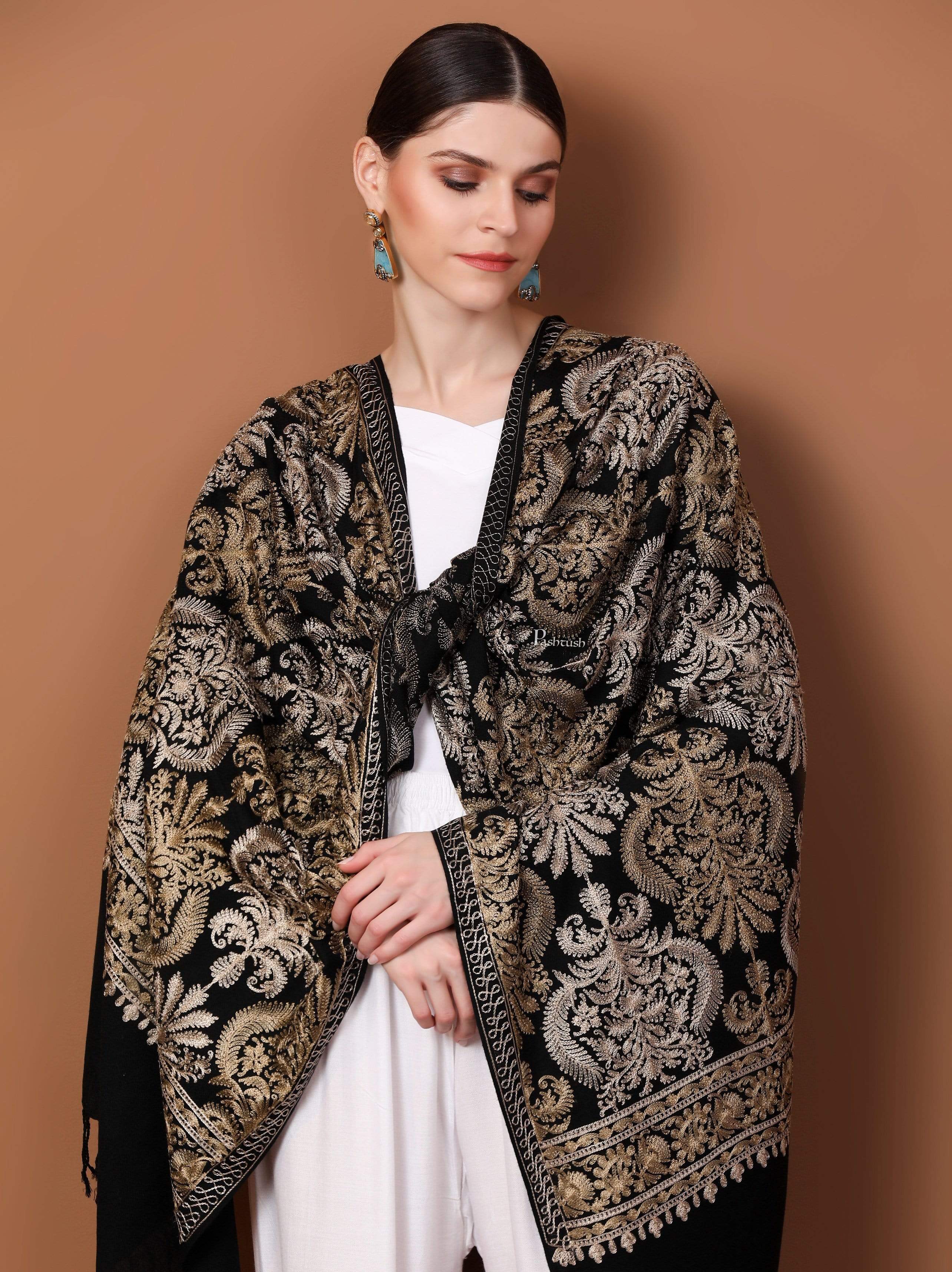 Pashtush Womens Fine Wool, Silky Nalki Embroidery Needlework Stole, Black