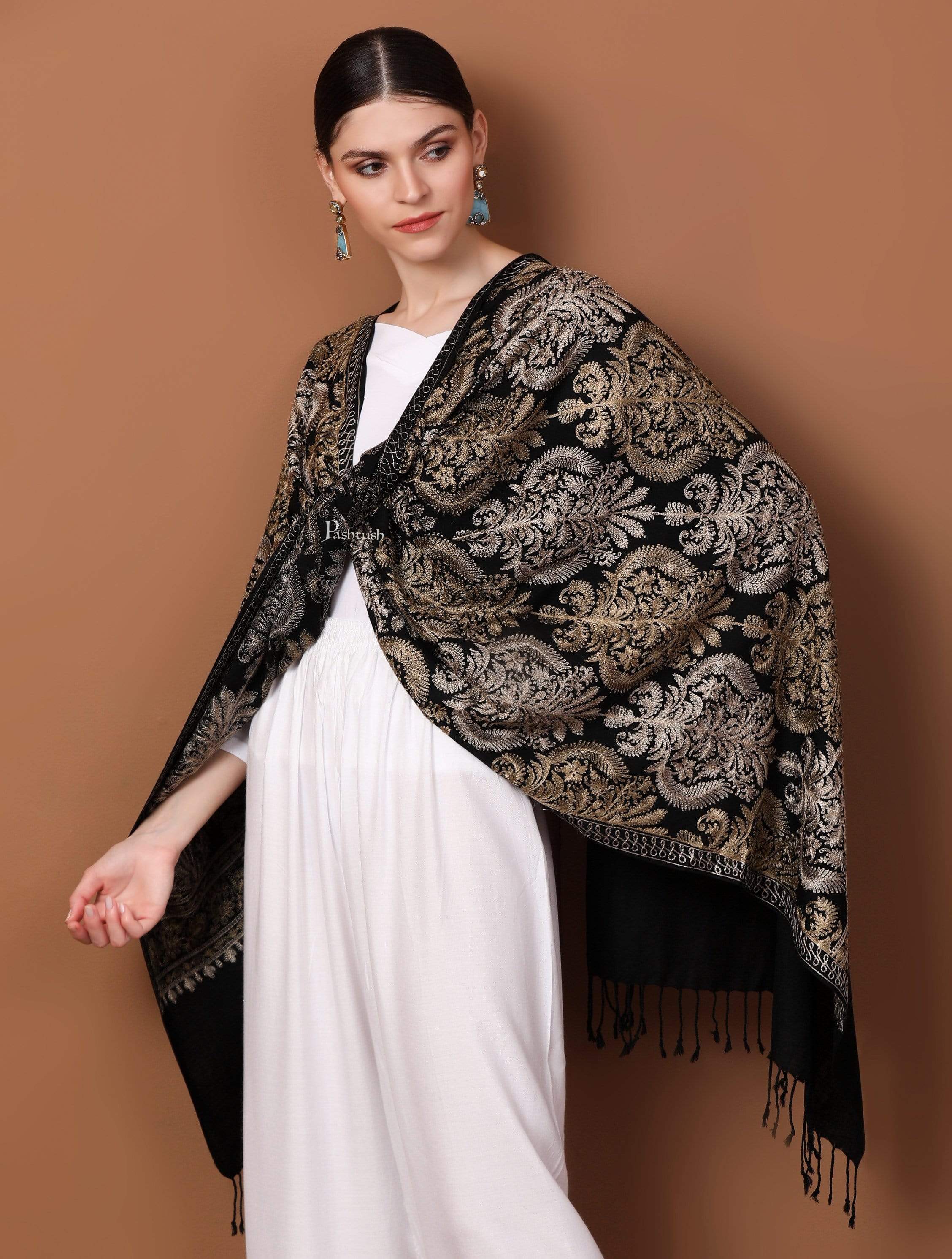Pashtush Womens Fine Wool, Silky Nalki Embroidery Needlework Stole, Black - Image 10