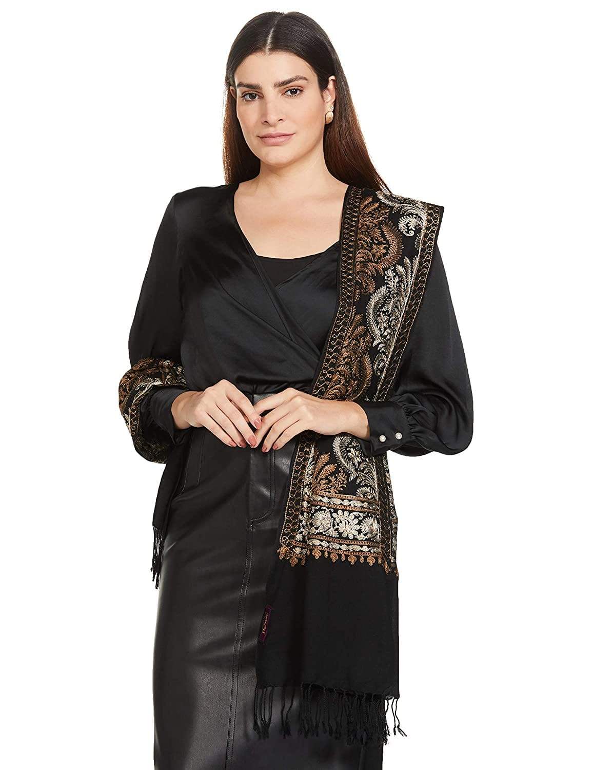 Pashtush Womens Fine Wool, Silky Nalki Embroidery Needlework Stole, Black - Image 11