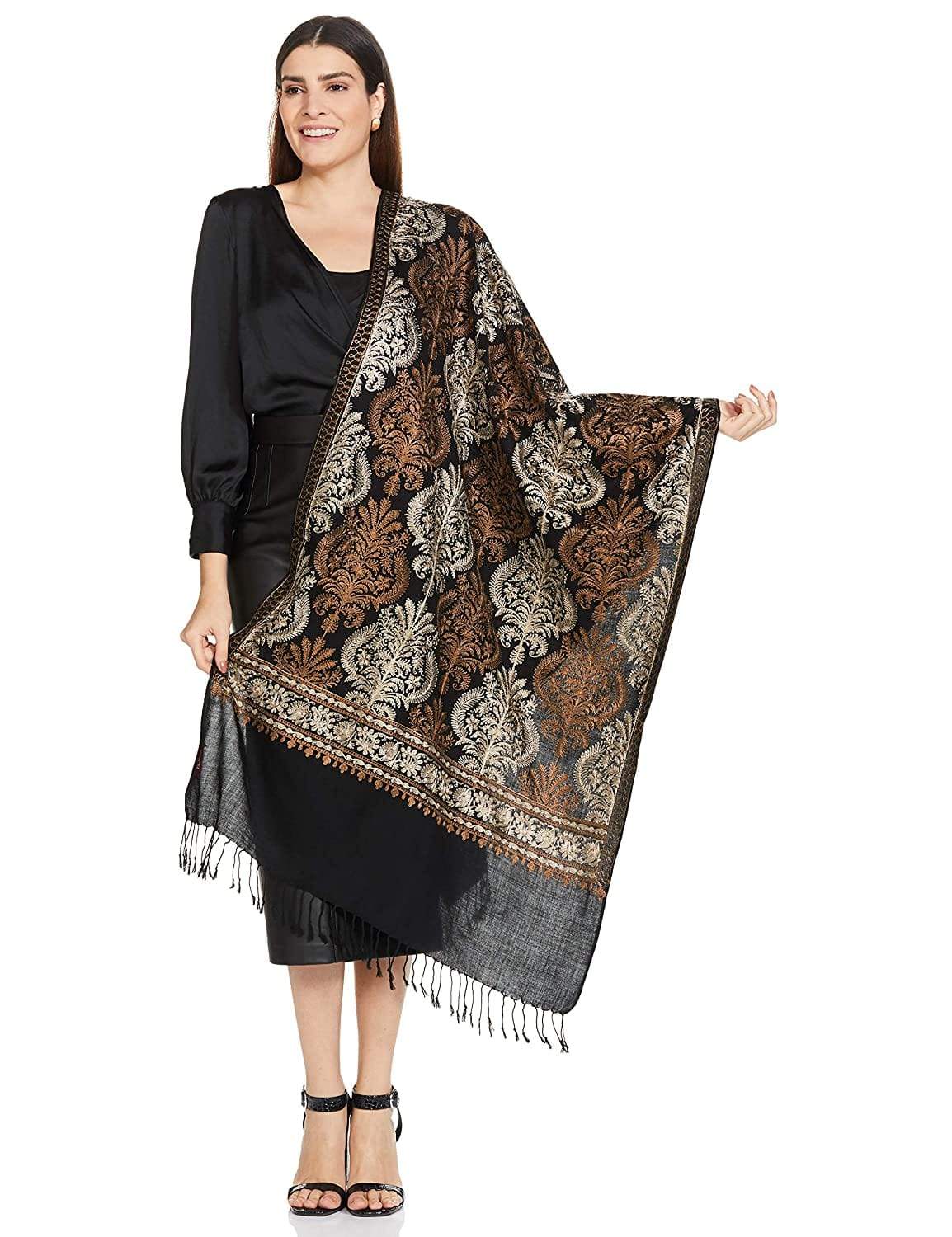 Pashtush Womens Fine Wool, Silky Nalki Embroidery Needlework Stole, Black - Image 13