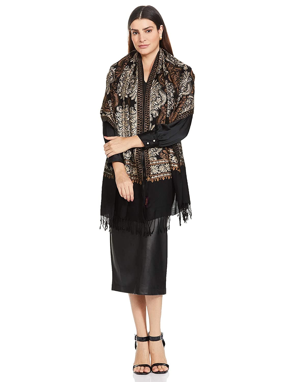 Pashtush Womens Fine Wool, Silky Nalki Embroidery Needlework Stole, Black - Image 14