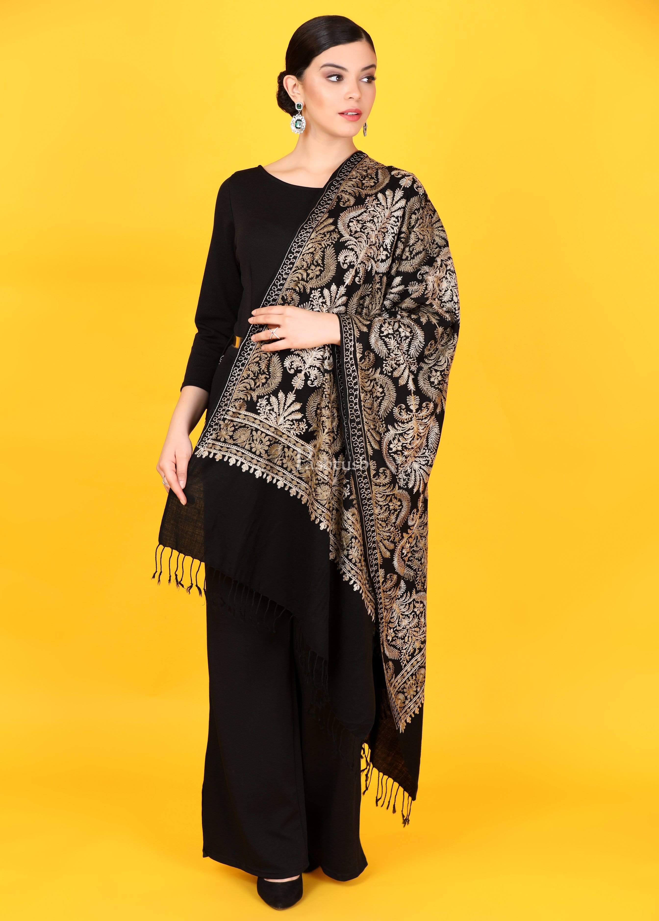 Pashtush Womens Fine Wool, Silky Nalki Embroidery Needlework Stole, Black - Image 3