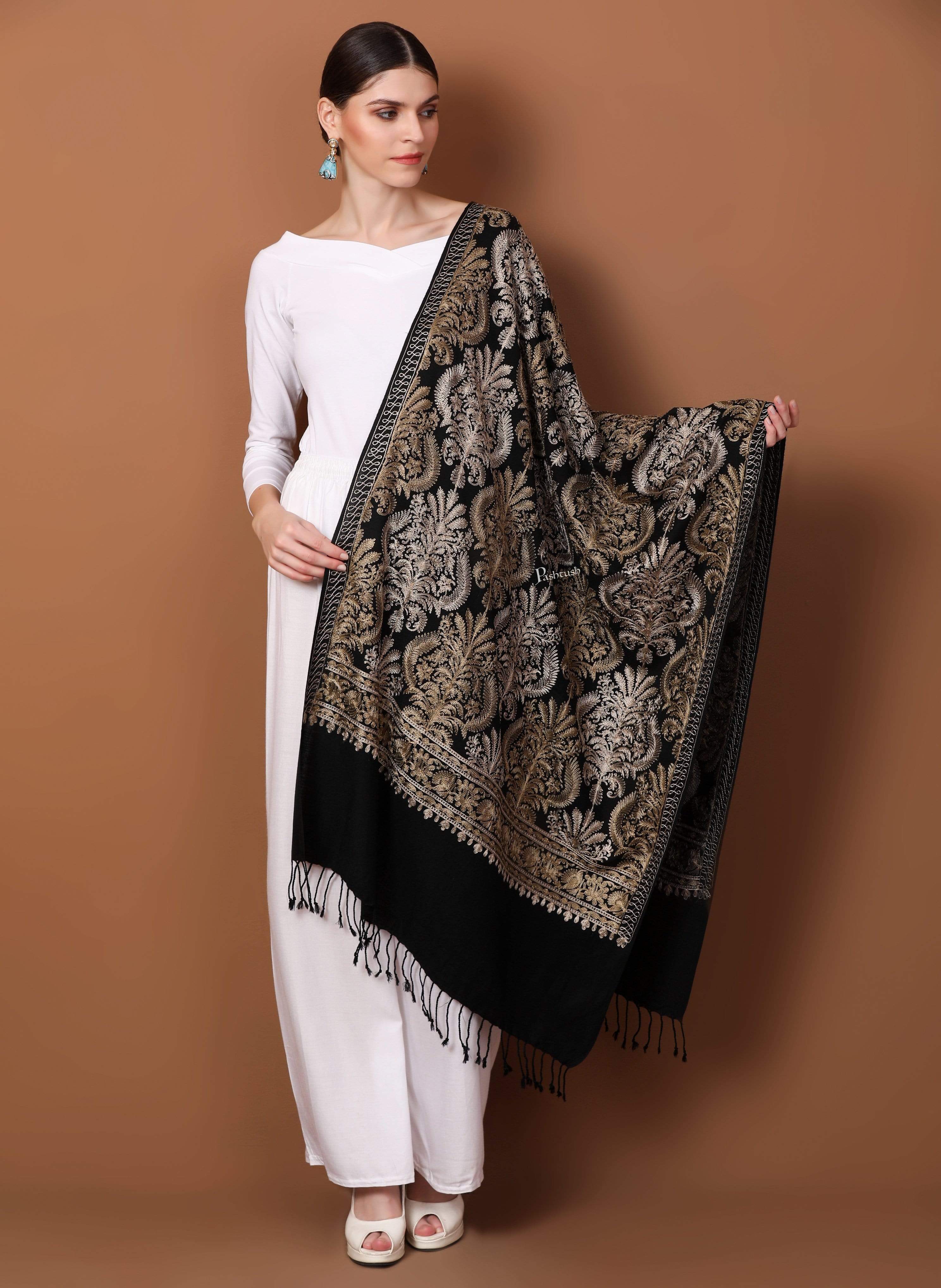 Pashtush Womens Fine Wool, Silky Nalki Embroidery Needlework Stole, Black - Image 7