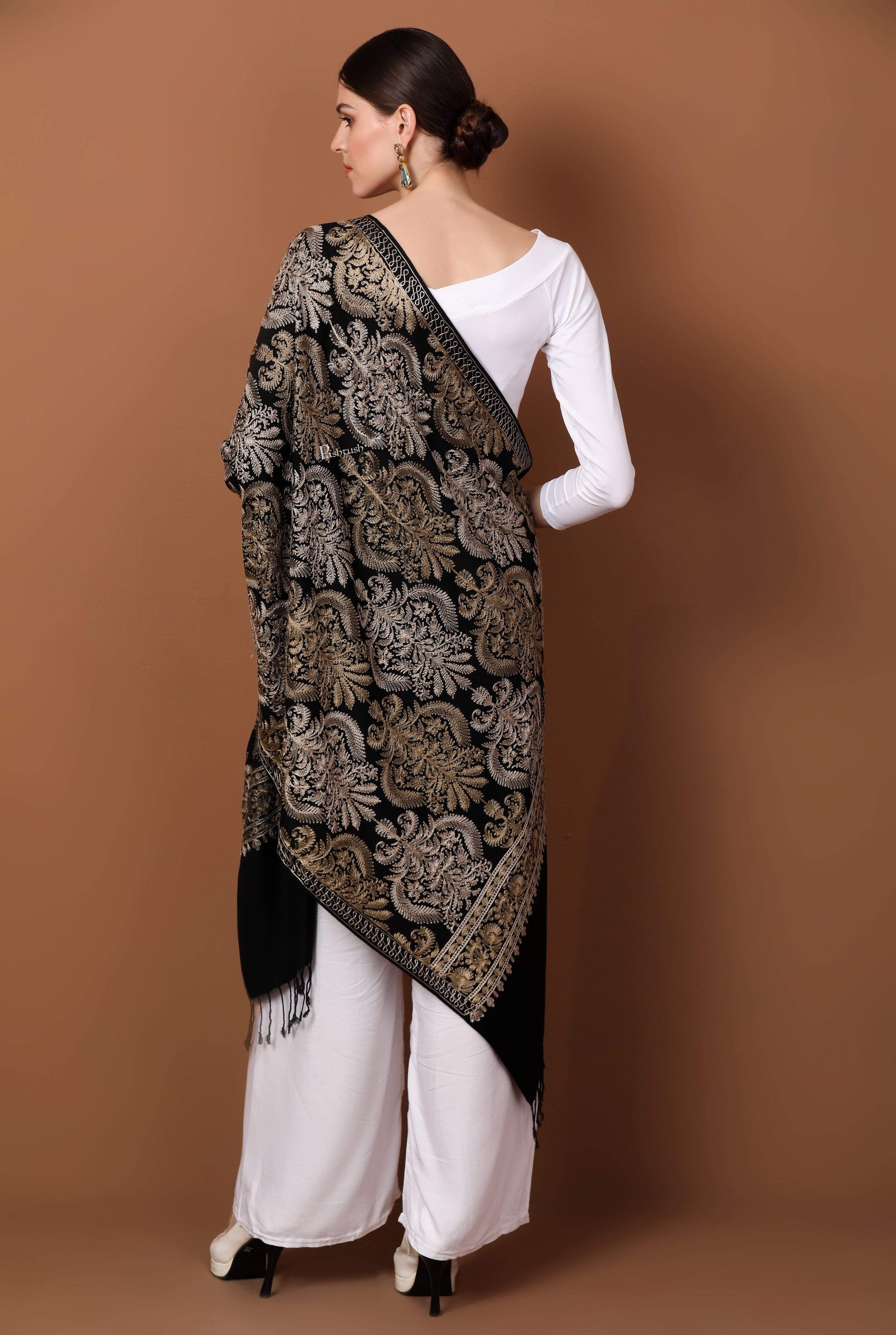 Pashtush Womens Fine Wool, Silky Nalki Embroidery Needlework Stole, Black - Image 9