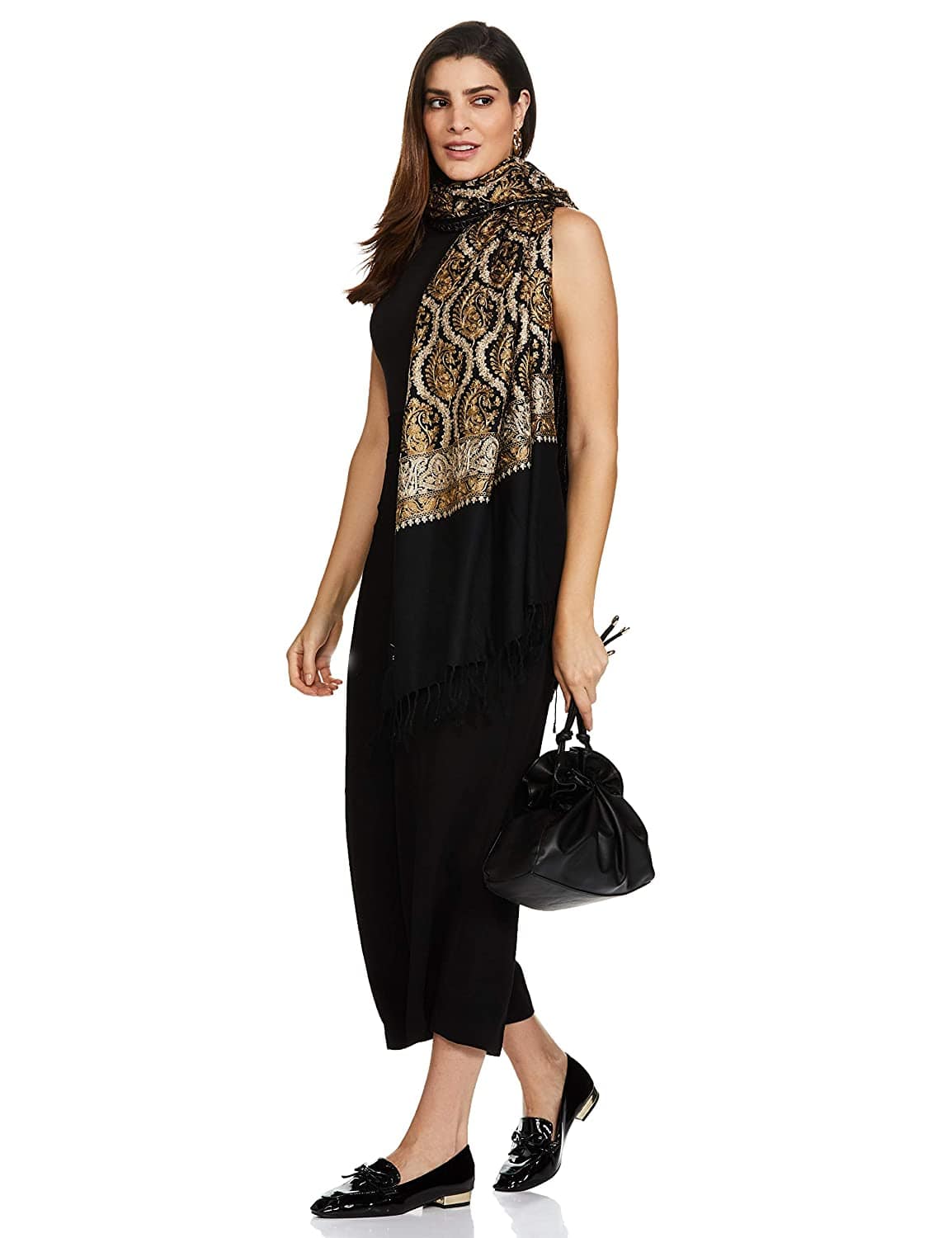 Pashtush Womens Fine Wool, Silky Nalki Embroidery Needlework Stole, Black - Image 8