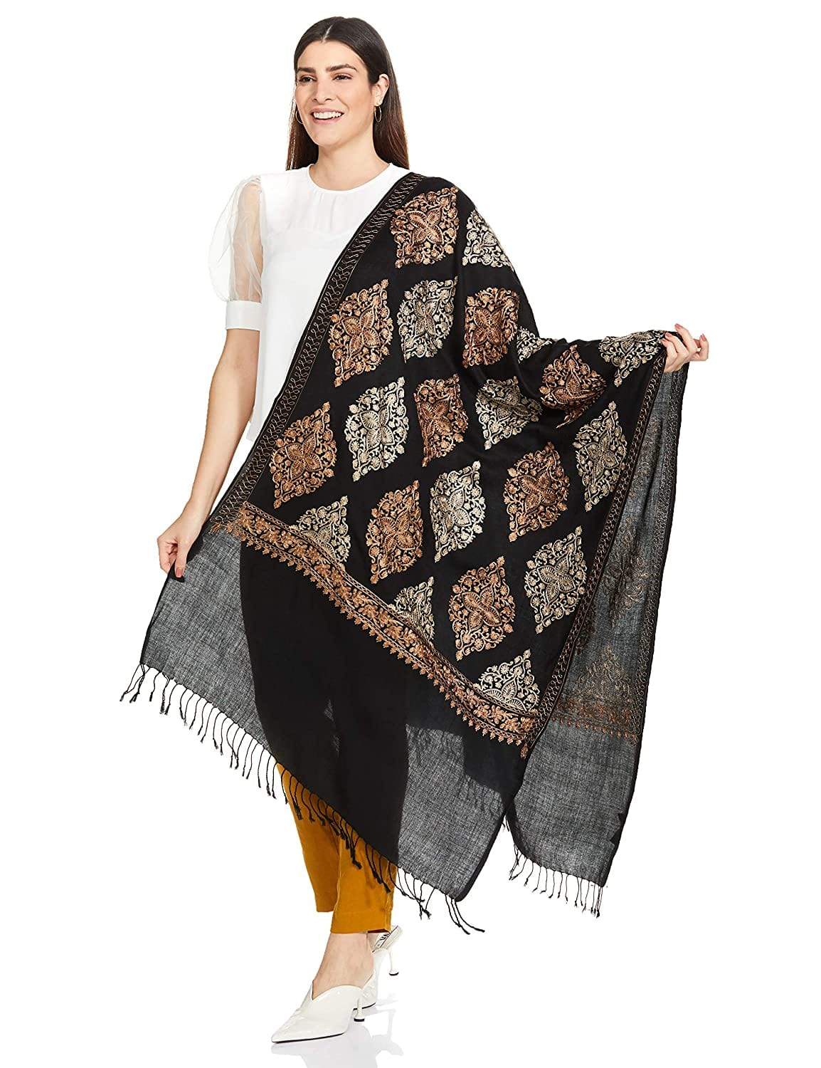 Pashtush Womens Fine Wool, Silky Nalki Embroidery Needlework Stole, Black